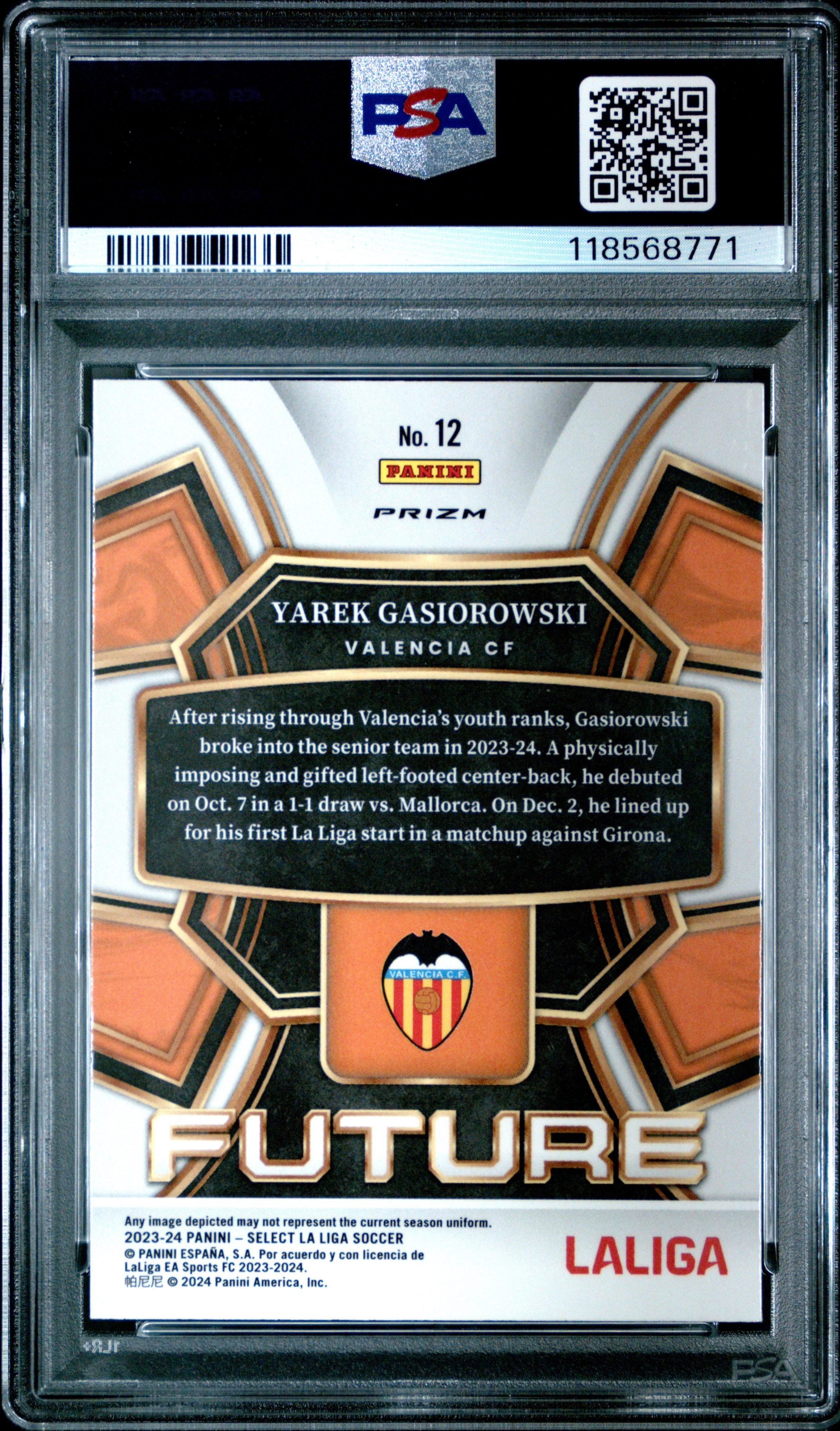 2023-24 Panini Select La Liga Select Future 12 Yarek Gasiorowski Peacock PSA 10