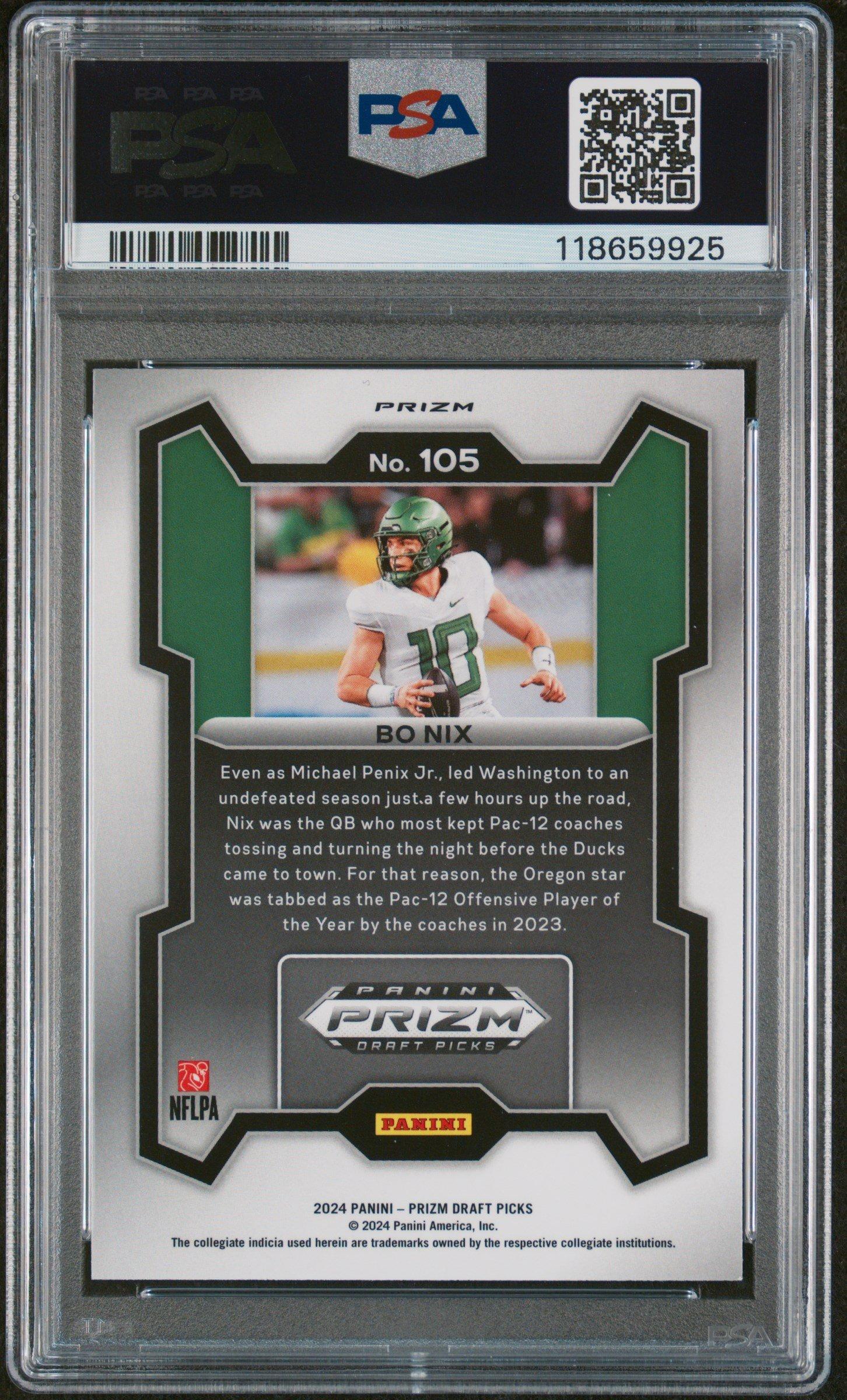 2024 Panini Prizm Draft Picks 105 Bo Nix Purple Wave PSA 9
