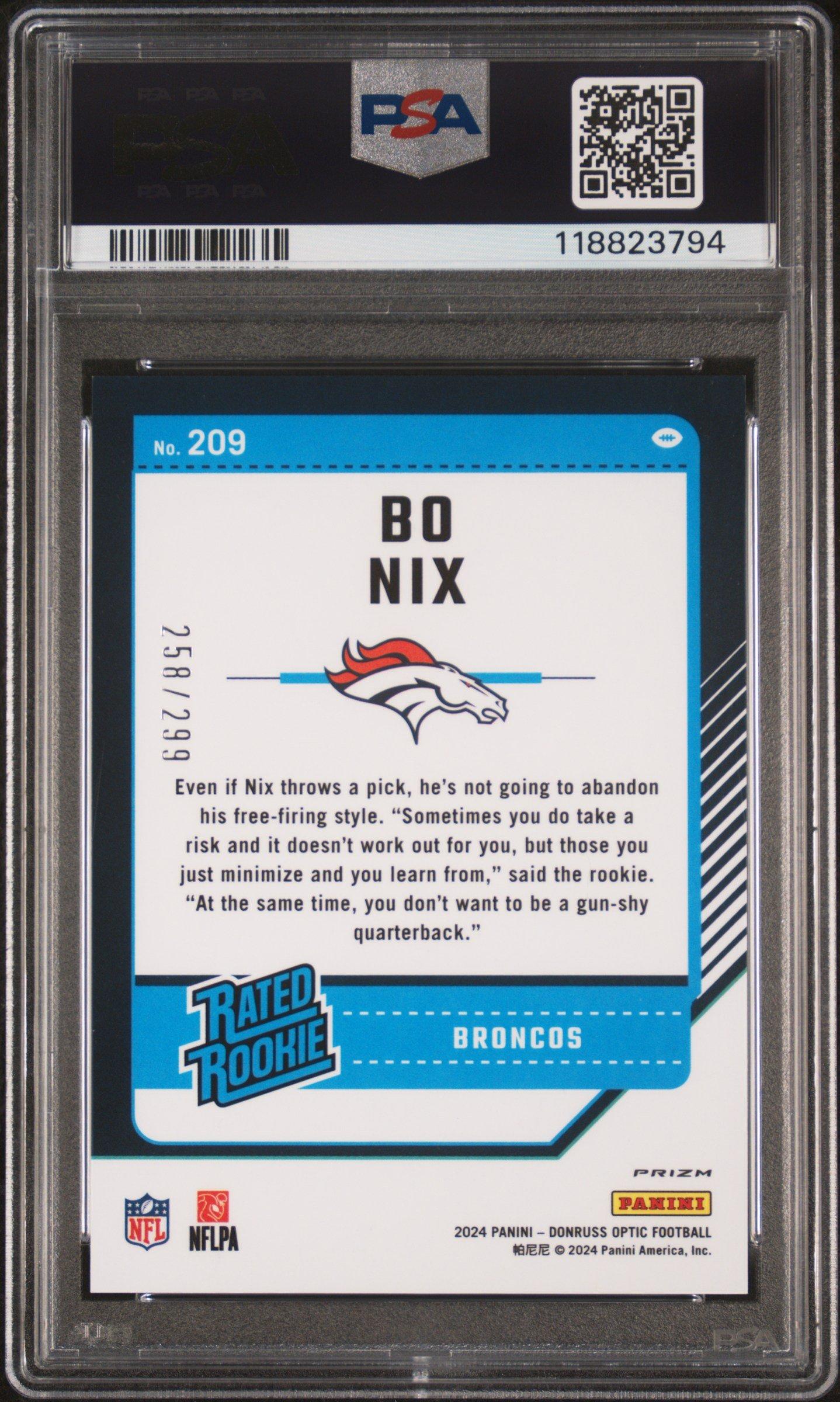 2024 Panini Donruss Optic 209 Bo Nix Aqua PSA 9