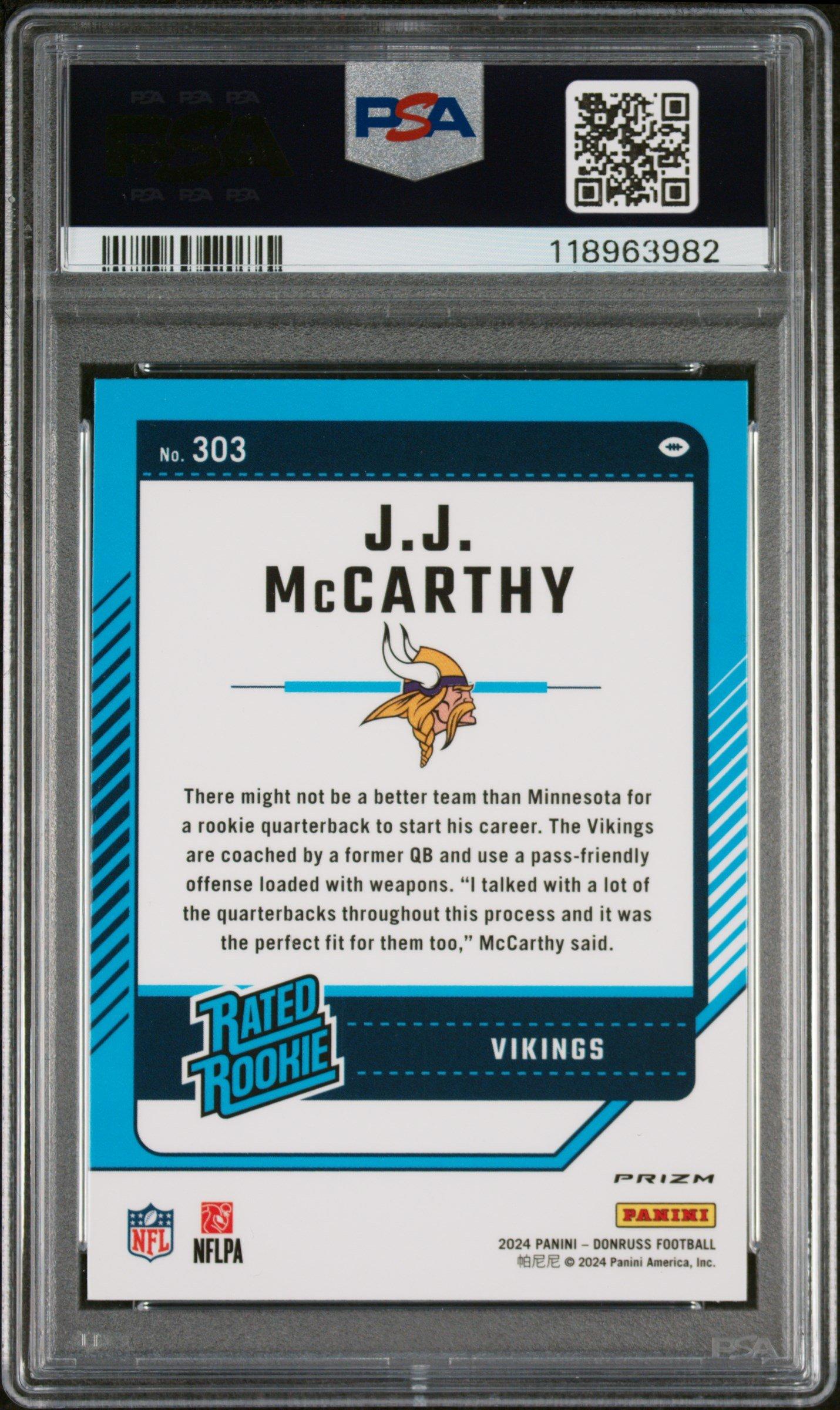 2024 Panini Donruss 303 Jj Mccarthy Optic Preview-red Wave PSA 10