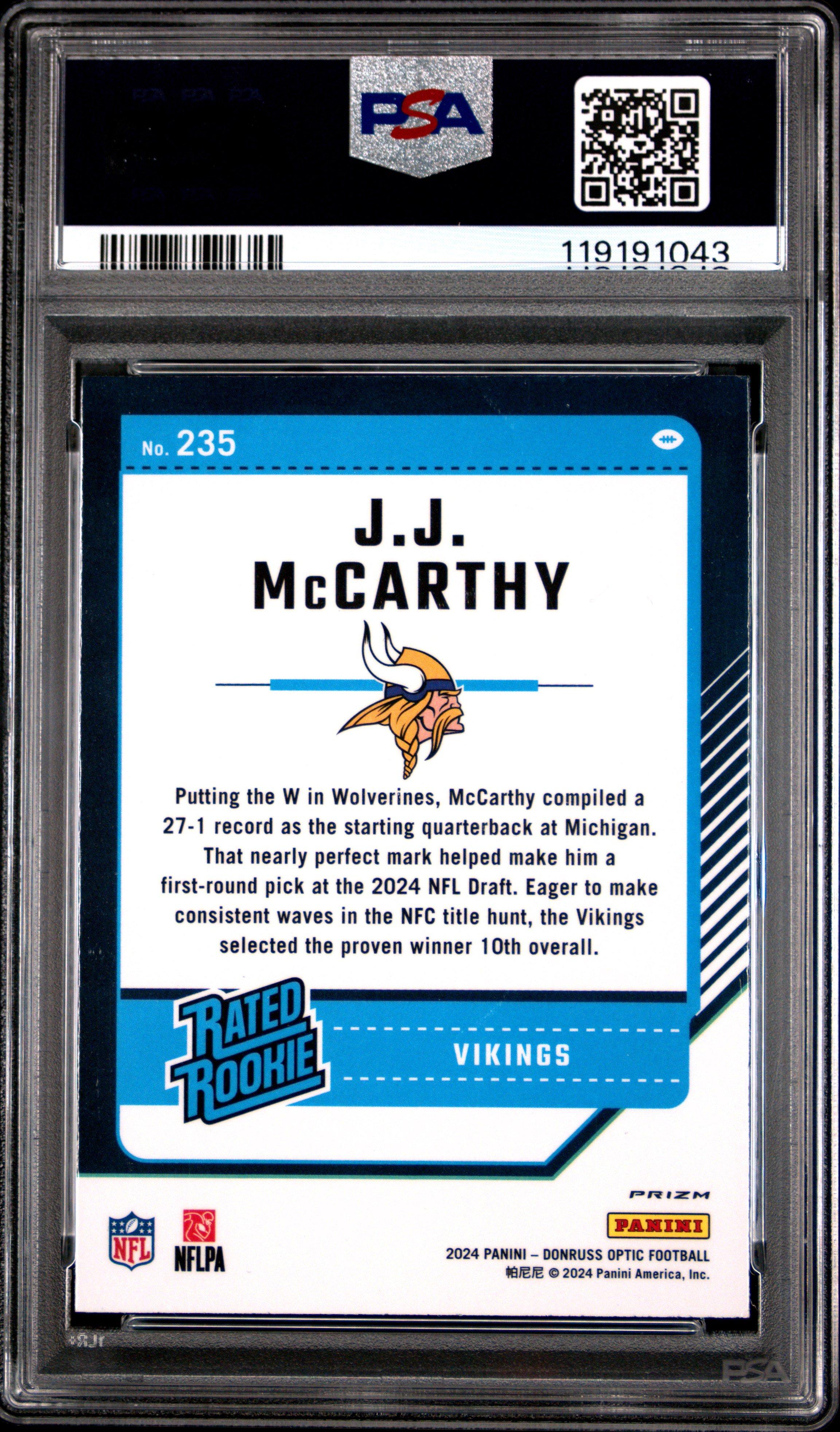 2024 Panini Donruss Optic 235 Jj Mccarthy Purple Scope PSA