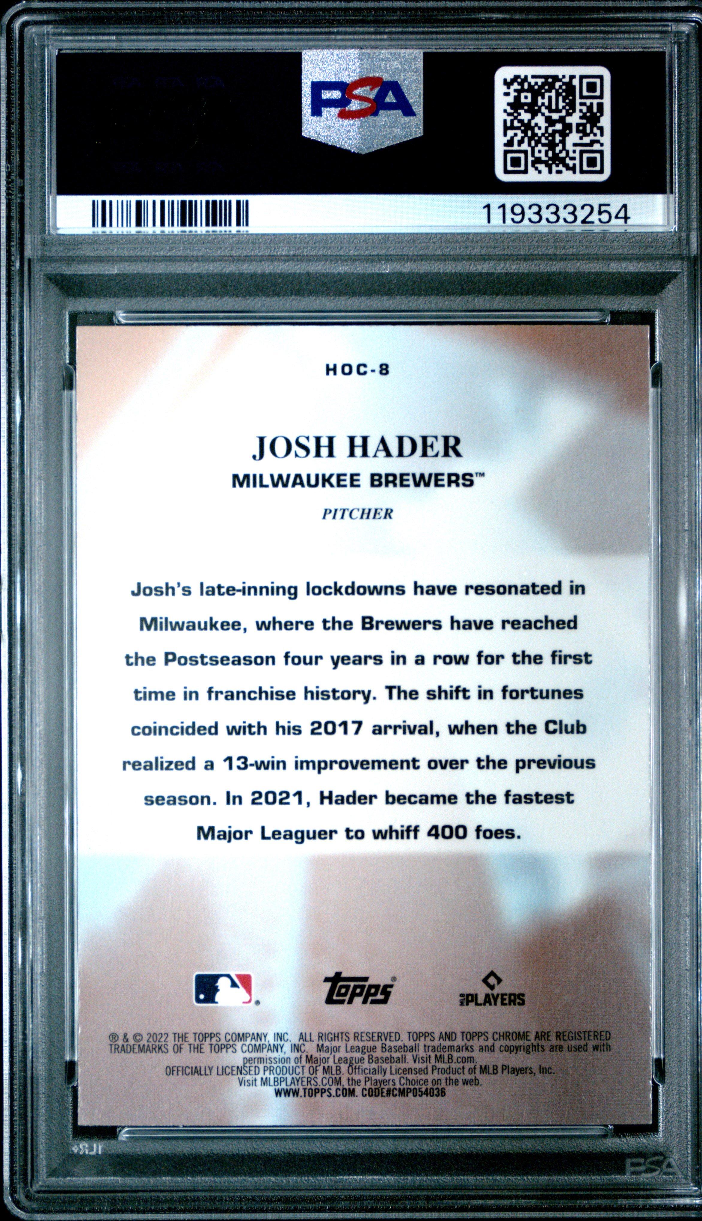 2022 Topps Chrome Heart Of The City Hoc8 Josh Hader PSA 10