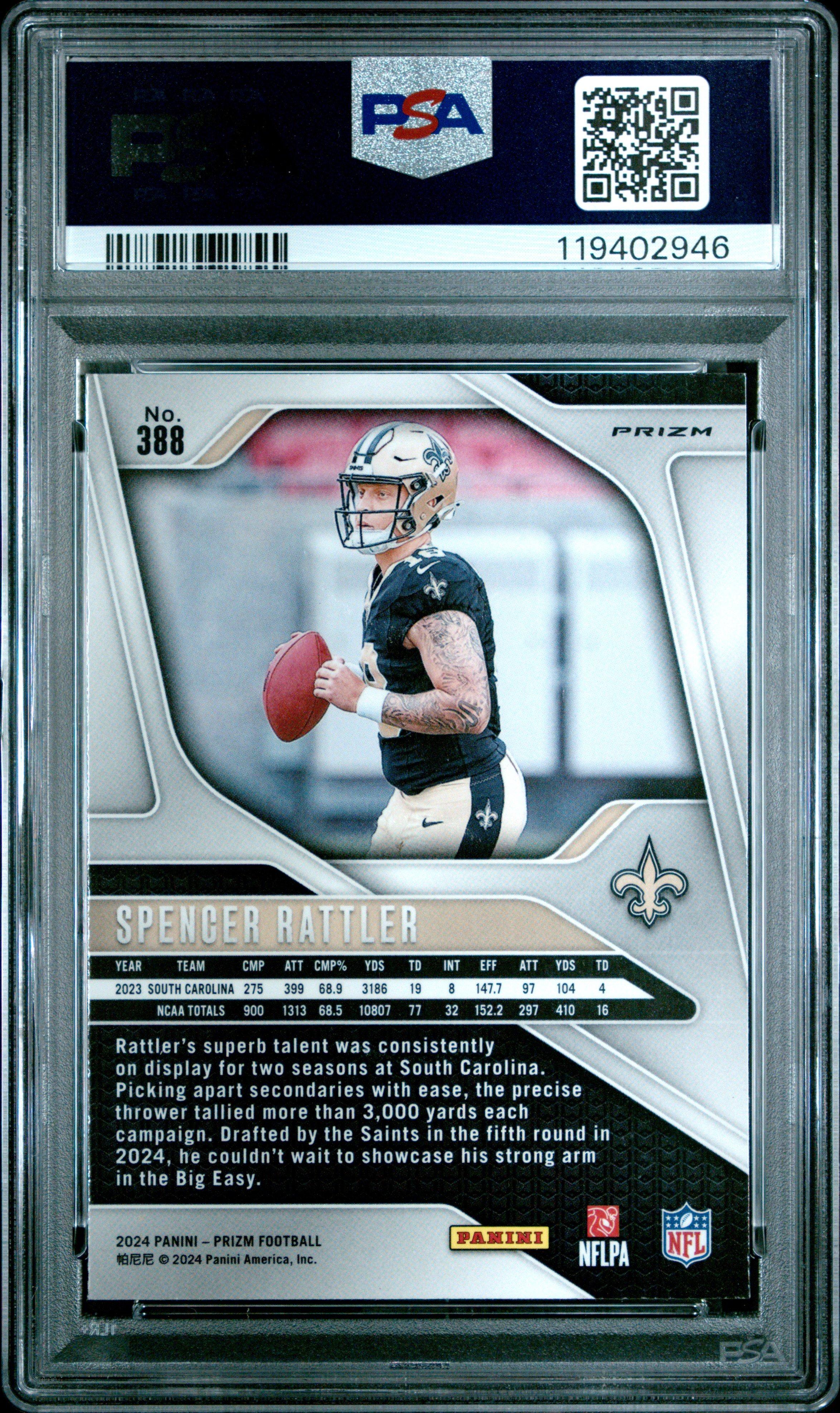 2024 Panini Prizm 388 Spencer Rattler Silver Prizm PSA 10