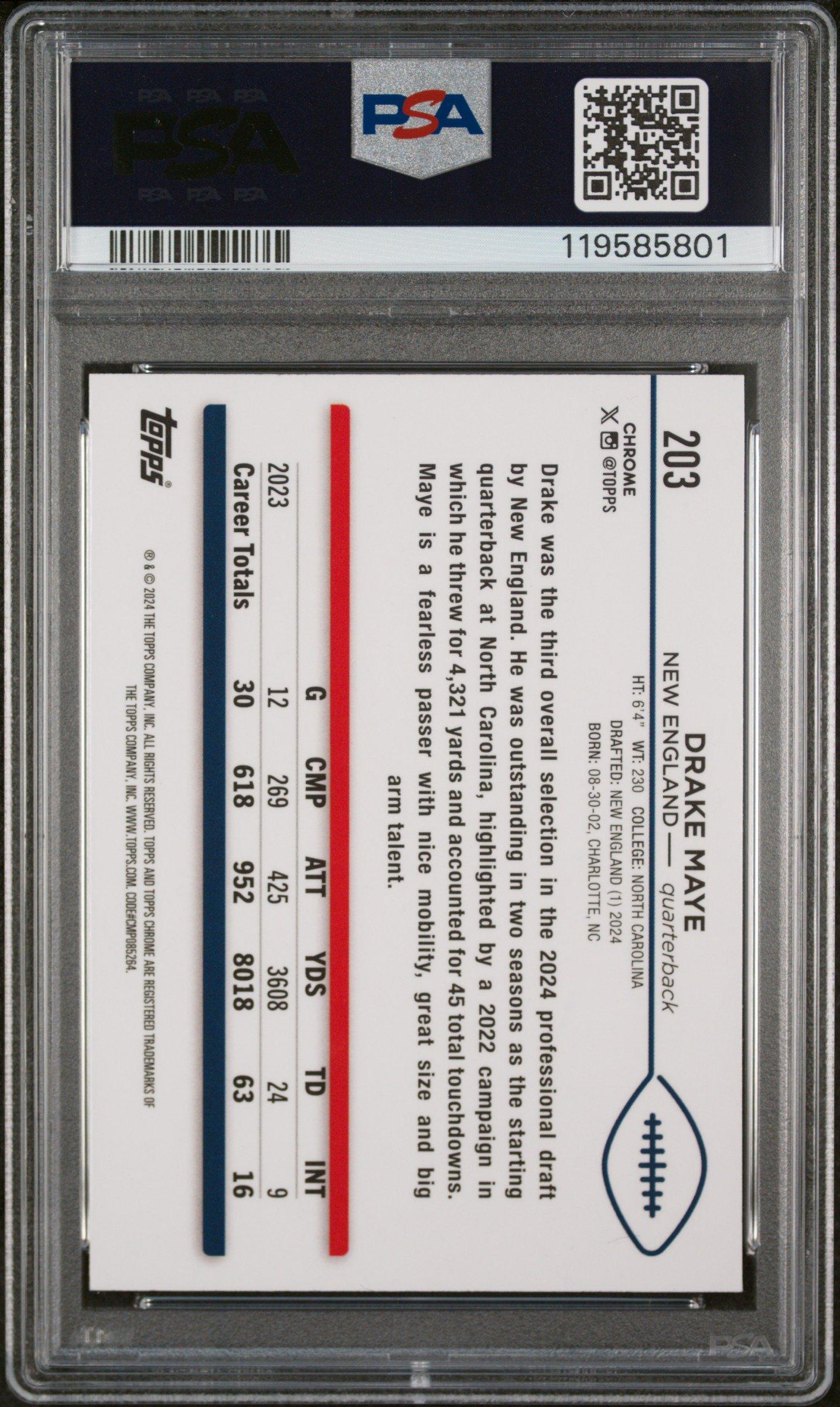 2024 Topps Chrome 203 Drake Maye Pink Refractor PSA 10