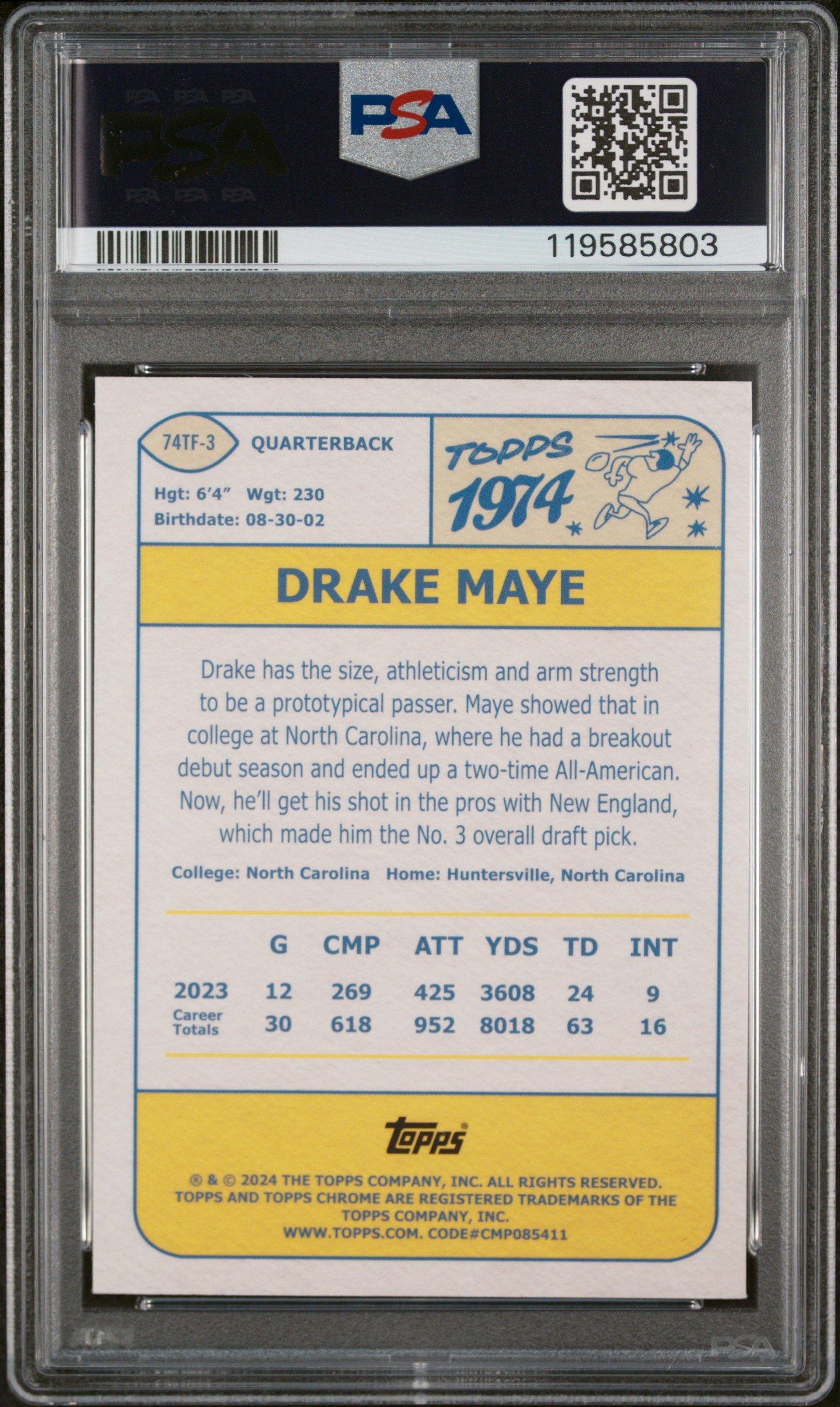 2024 Topps Chrome 1974 Topps Football 74tf3 Drake Maye PSA 10