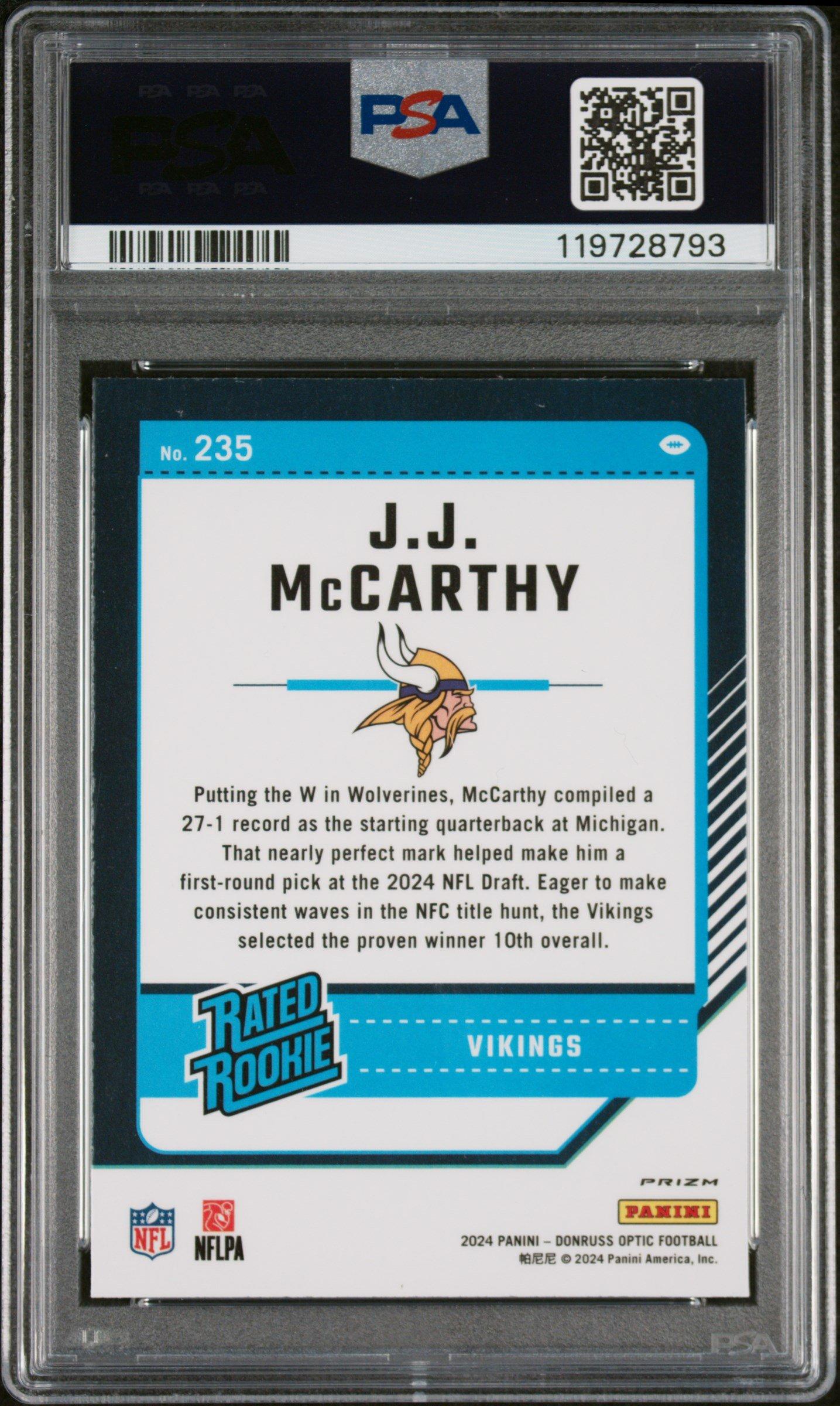 2024 Panini Donruss Optic 235 Jj Mccarthy Green Velocity PSA 10