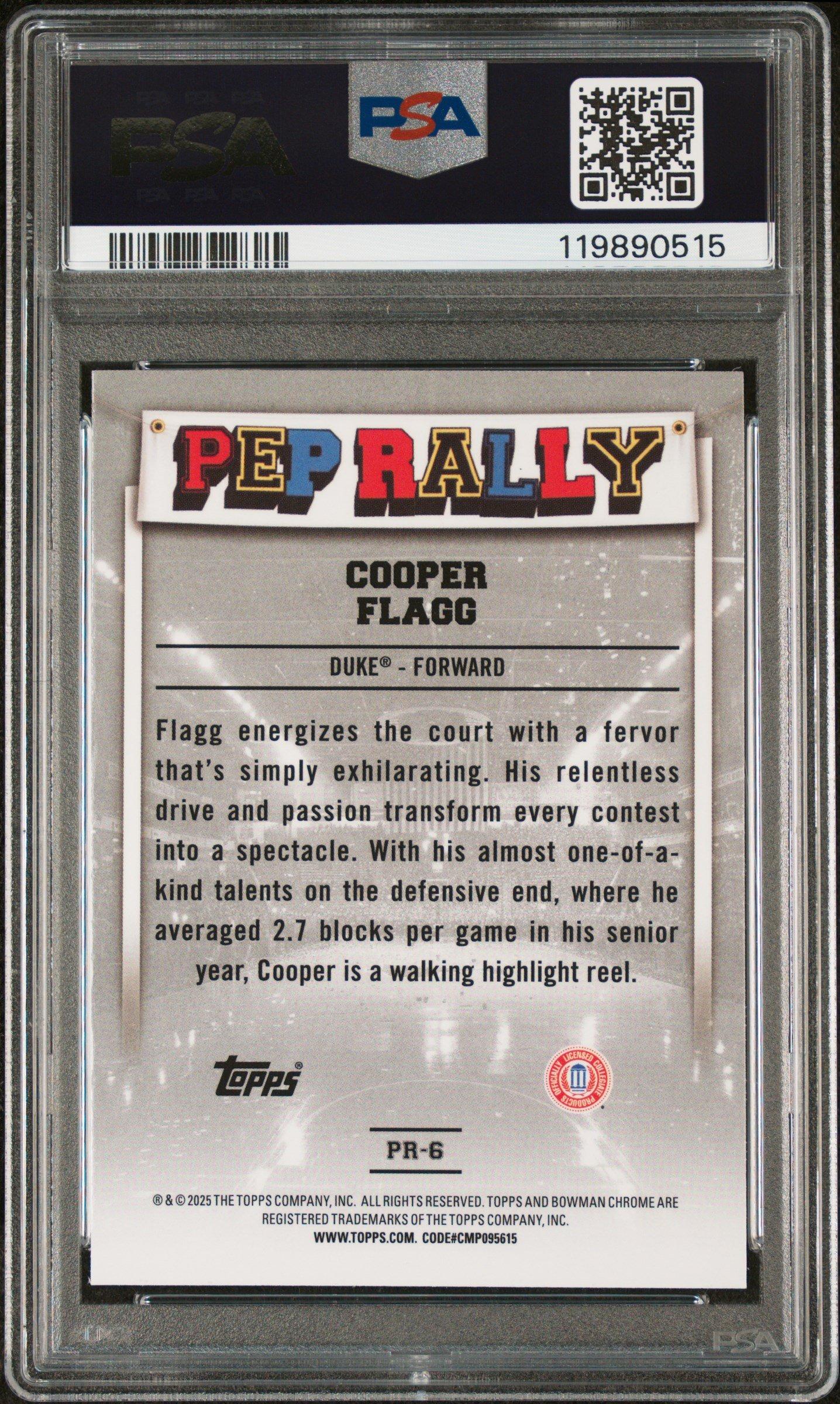 2024 Bowman Chrome University Pep Rally Pr6 Cooper Flagg PSA 10