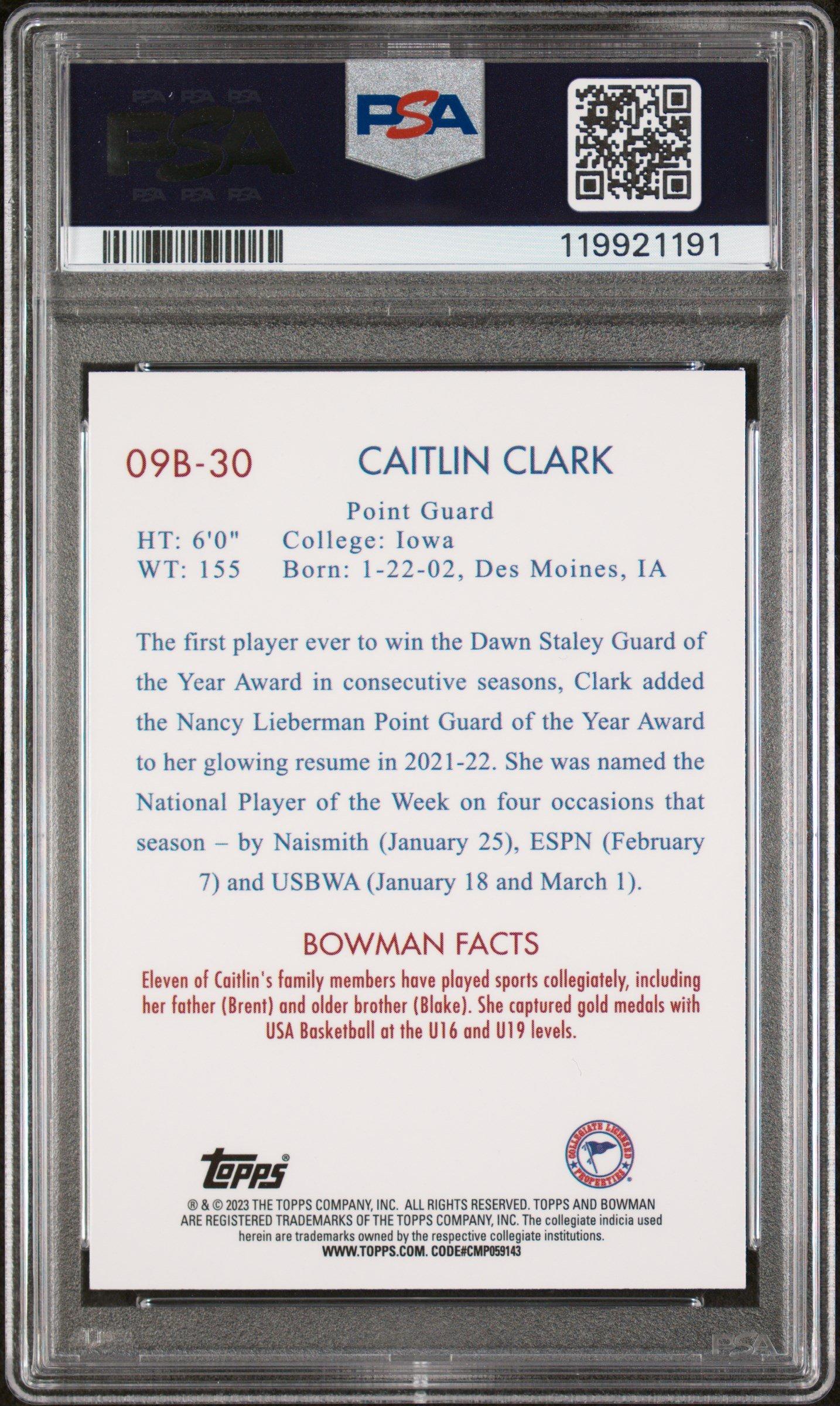 2022 Bowman Chrome University 2009 Bowman 09b30 Caitlin Clark PSA