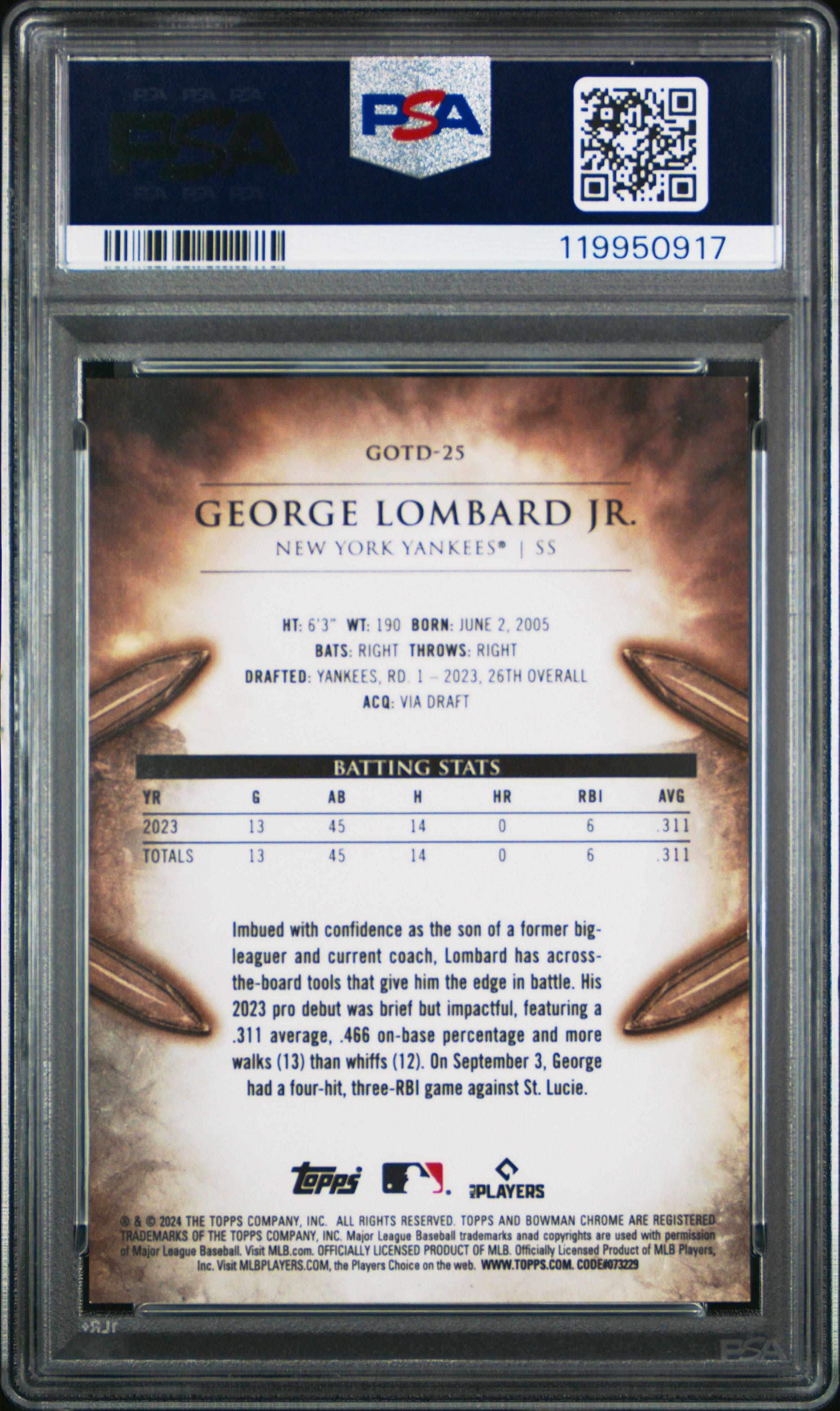 2024 Bowman Gladiators Of The Diamond Gotd25 George Lombard Jr. PSA 10