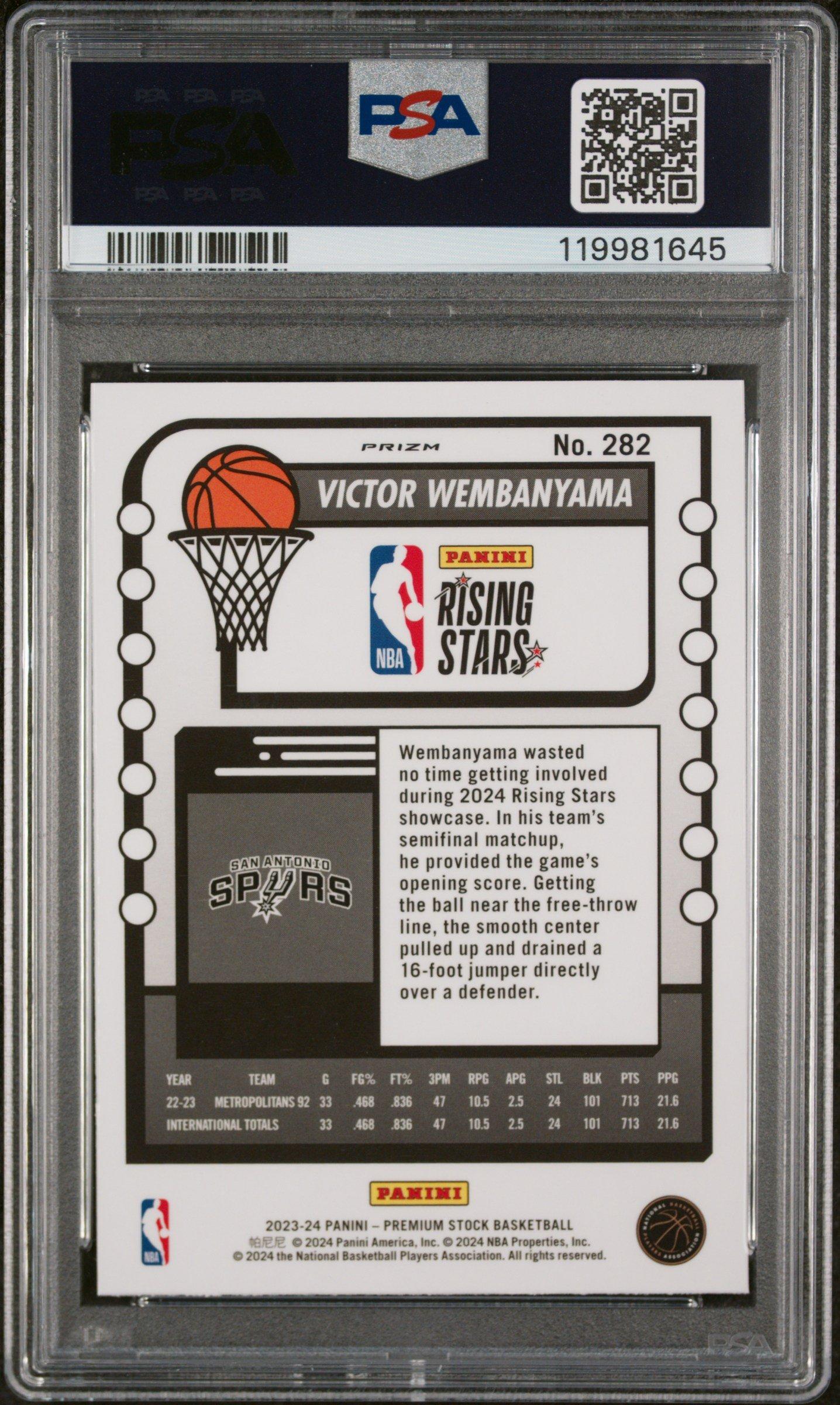 2023 Panini Hoops Premium Stock 282 Victor Wembanyama Seismic Prizm PSA 9
