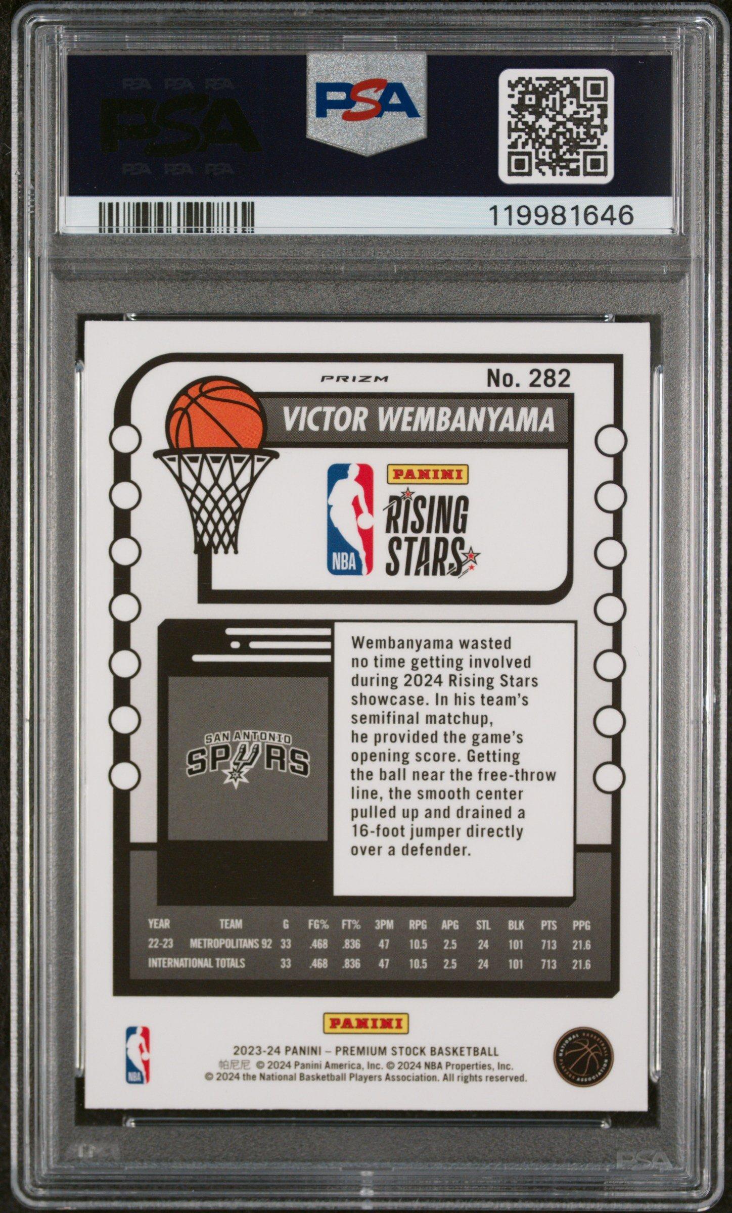 2023 Panini Hoops Premium Stock 282 Victor Wembanyama Seismic Prizm PSA 9