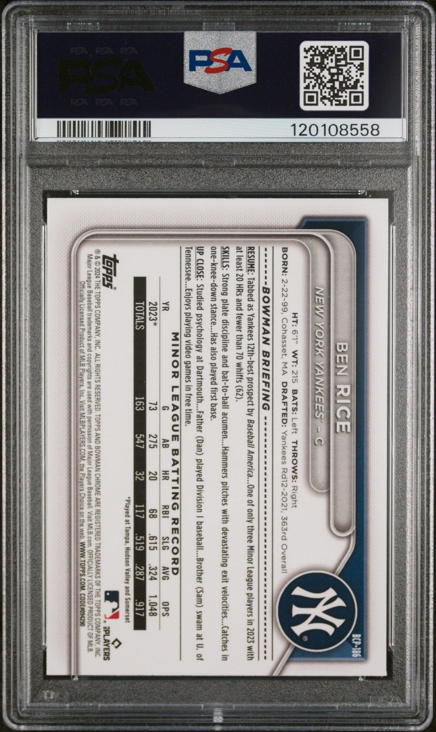 2024 Bowman Mega Box Chrome Prospects 186 Ben Rice Pink Refractor PSA 10