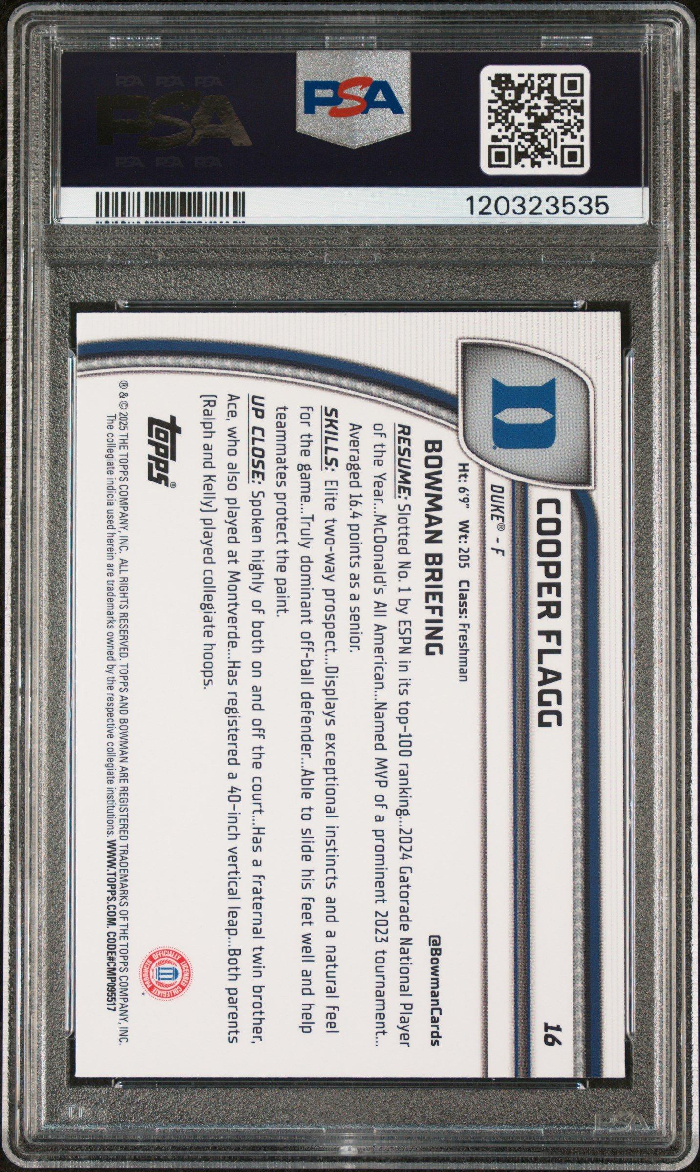 2024 Bowman Chrome University 16 Cooper Flagg Black Wave PSA 10