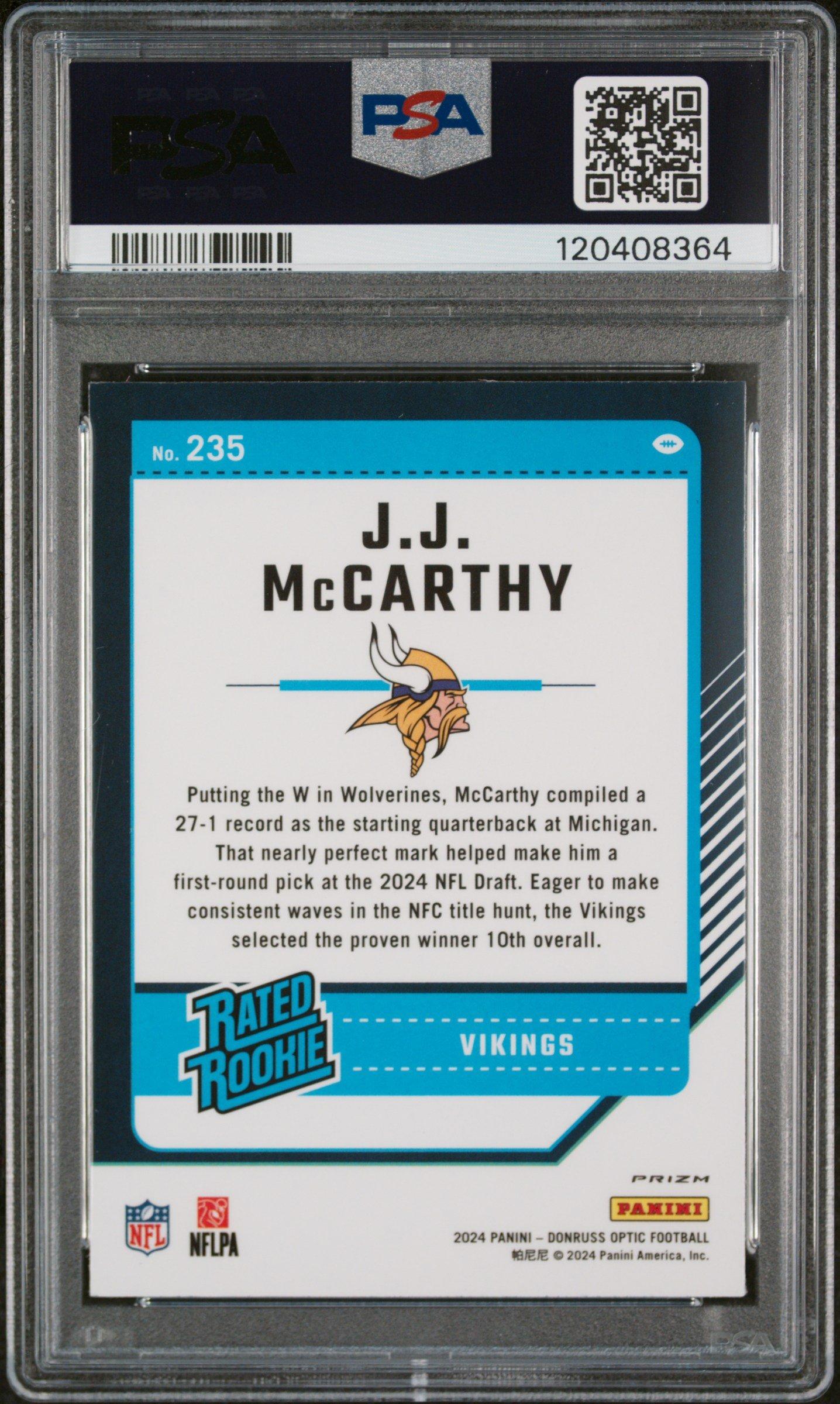 2024 Panini Donruss Optic 235 Jj Mccarthy Pink PSA 9