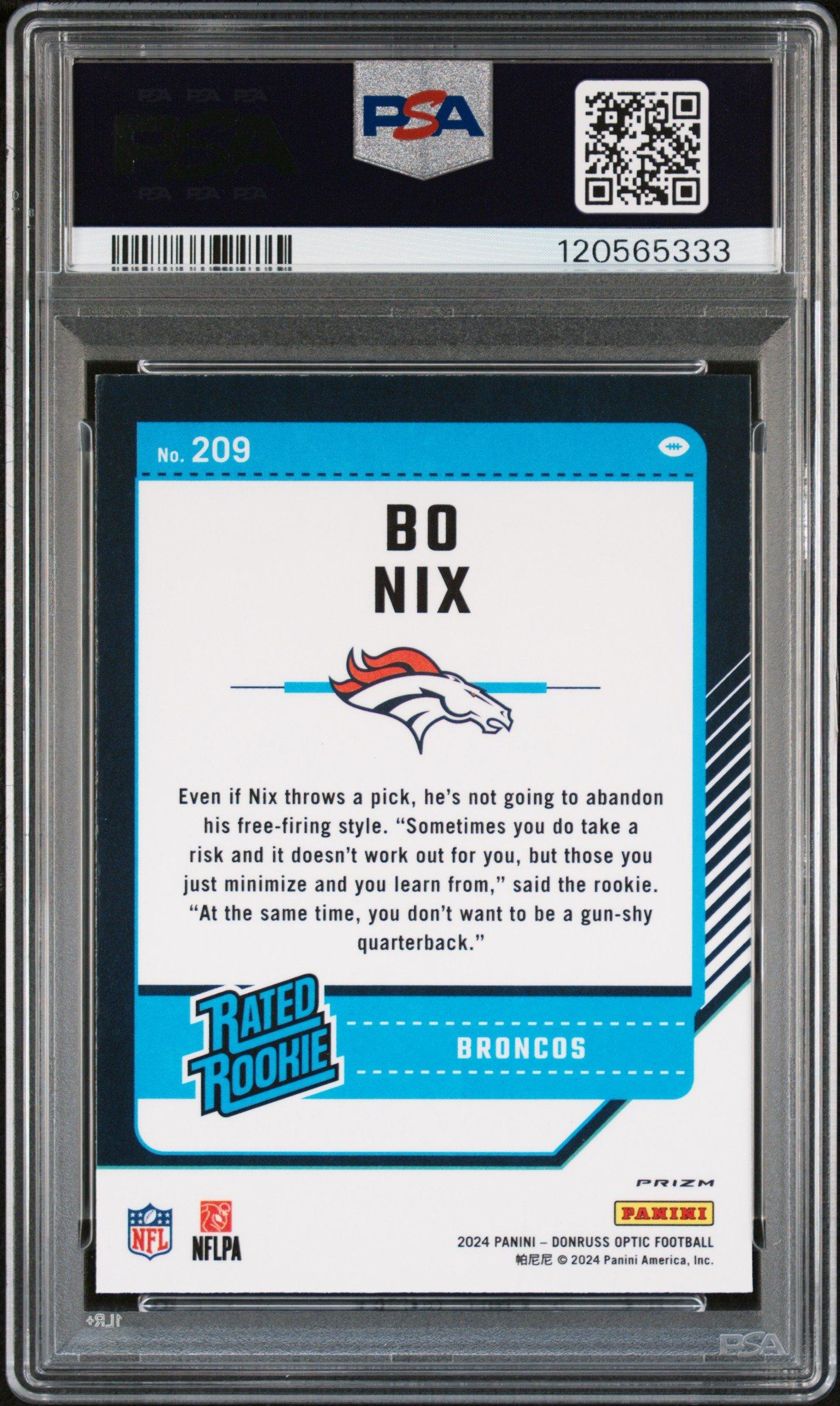 2024 Panini Donruss Optic 209 Bo Nix Blue Hyper PSA 10 Graded Card