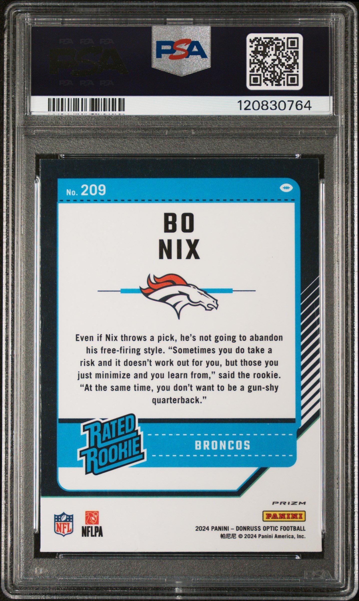 2024 Panini Donruss Optic 209 Bo Nix Blue Glitter PSA 10