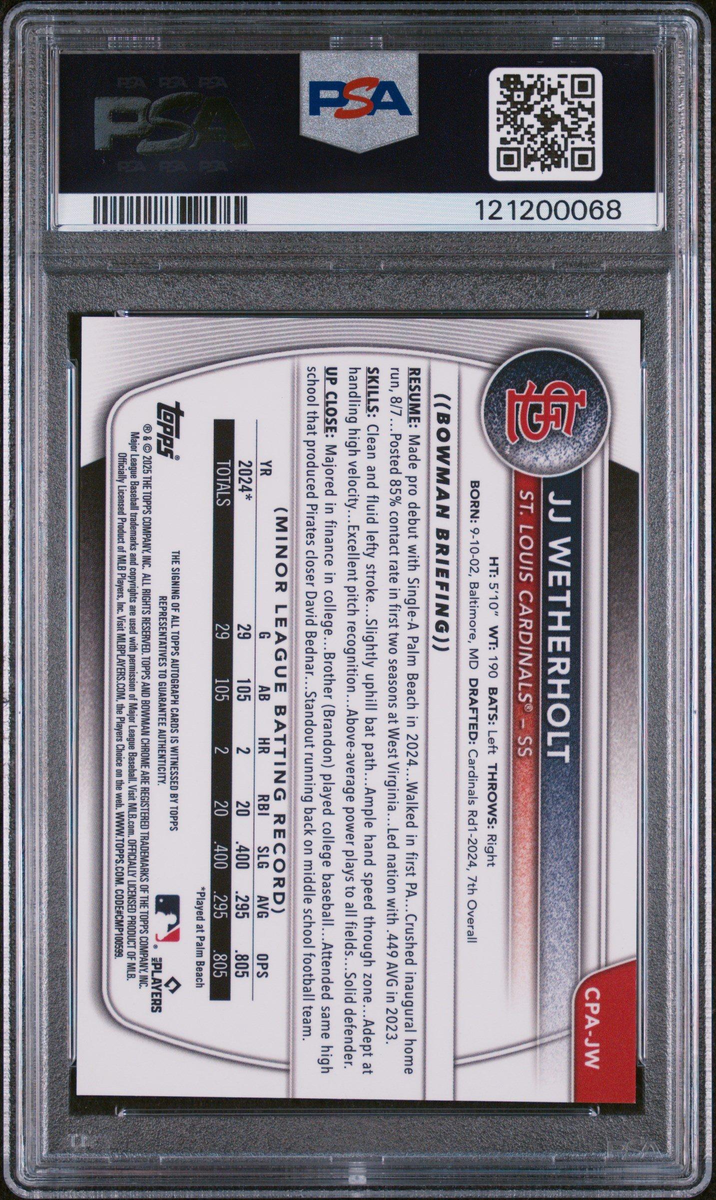 2025 Bowman Chrome Prospect Autographs Cpajw Jj Wetherholt PSA 9