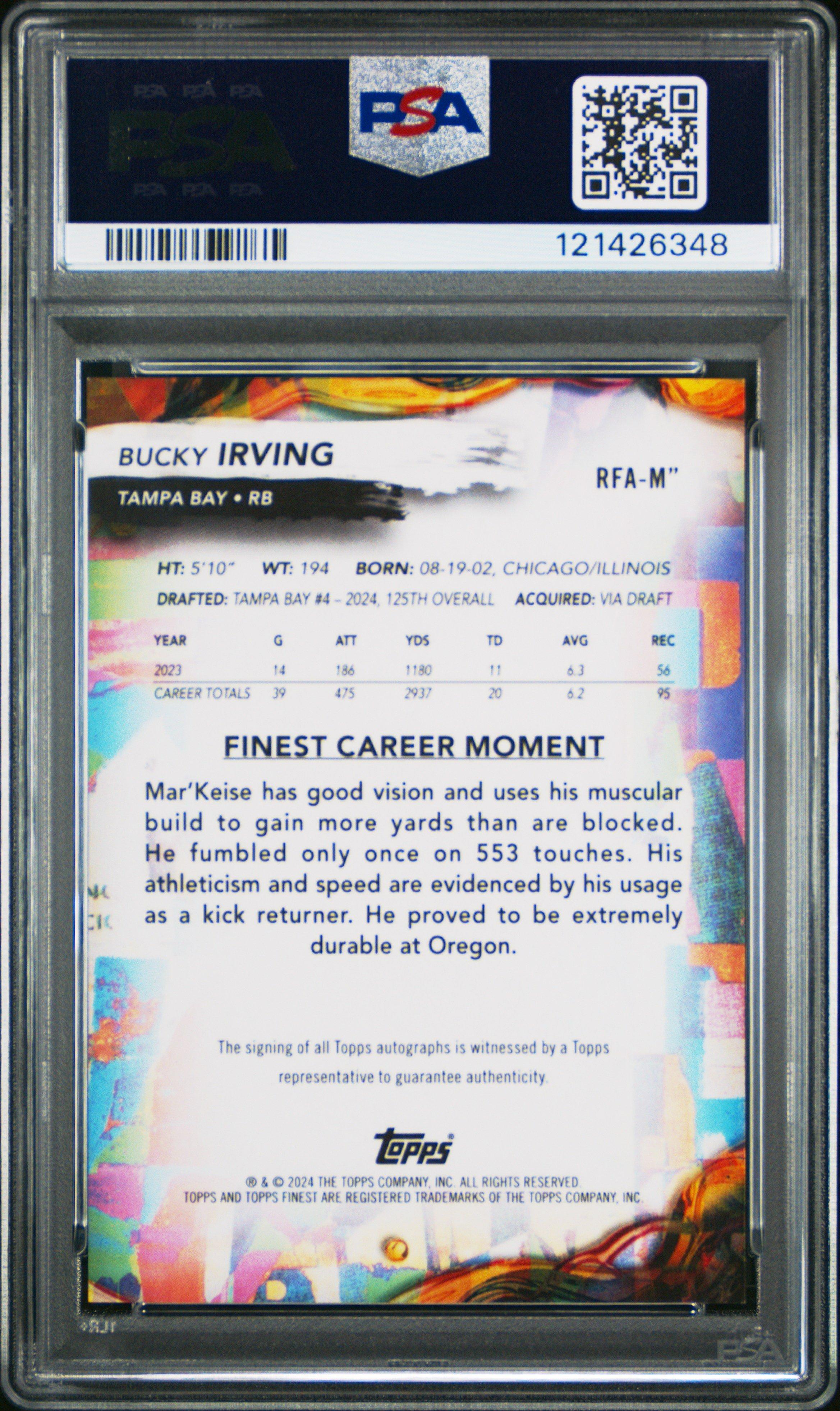 2024 Topps Finest Rookie Finest Autographs Rfam" Bucky Irving PSA 10