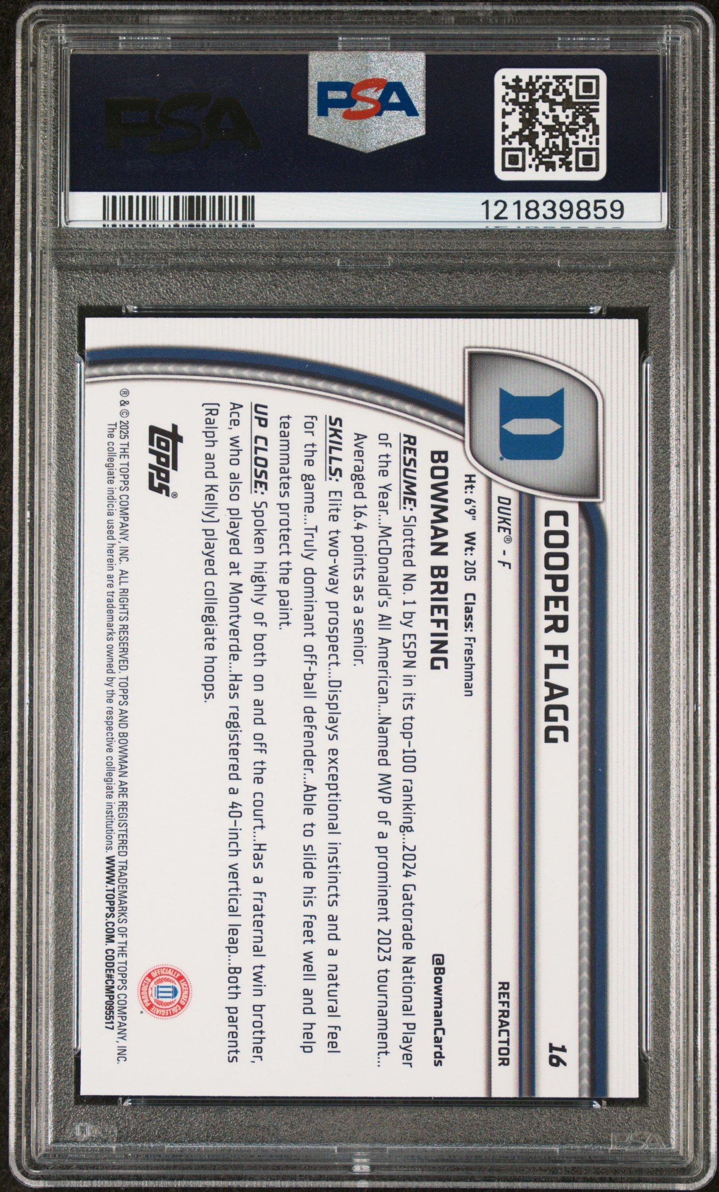 2024 Bowman Chrome University 16 Cooper Flagg Refractor PSA 10