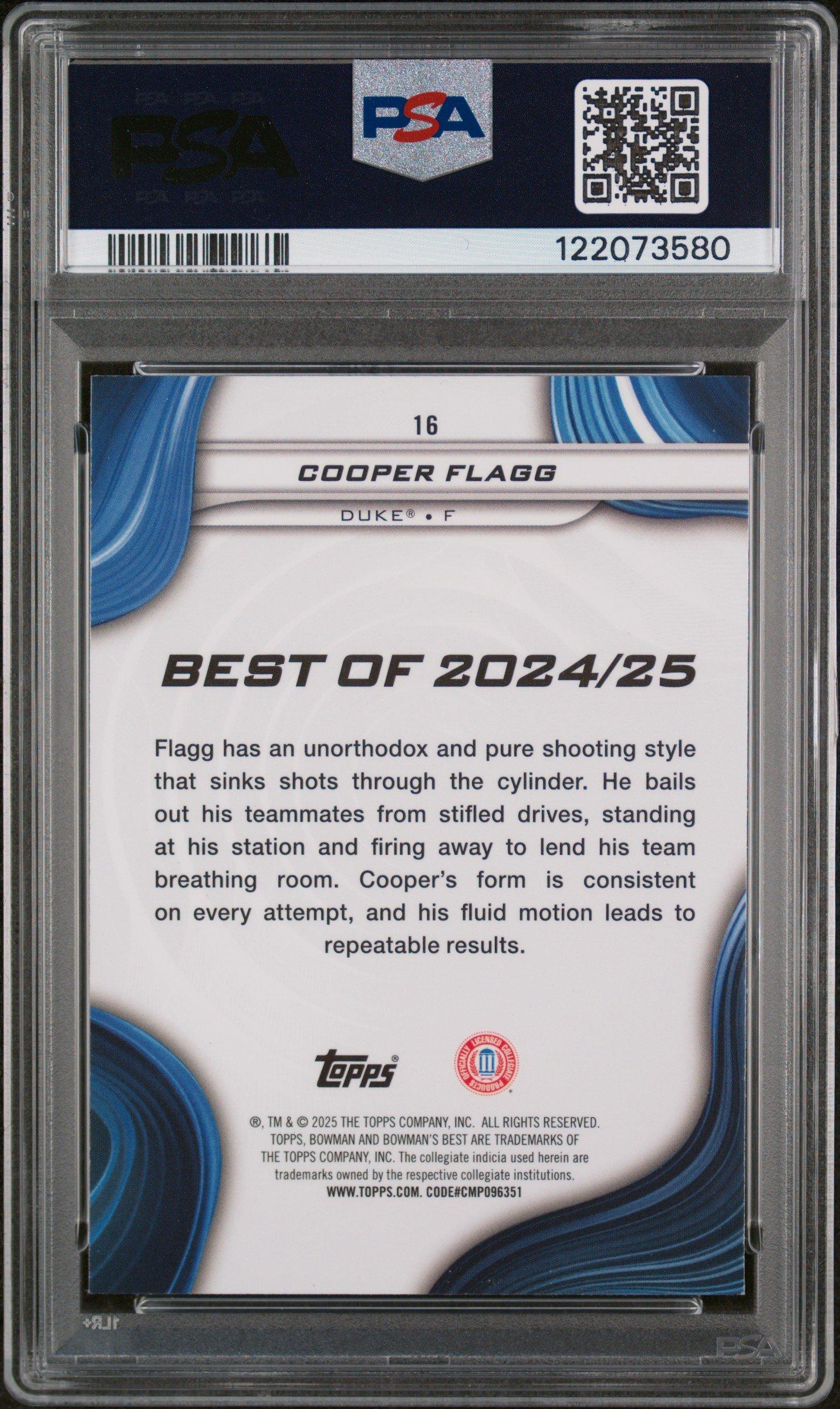 2024 Bowman University Best 16 Cooper Flagg Shimmer Refractor PSA 10