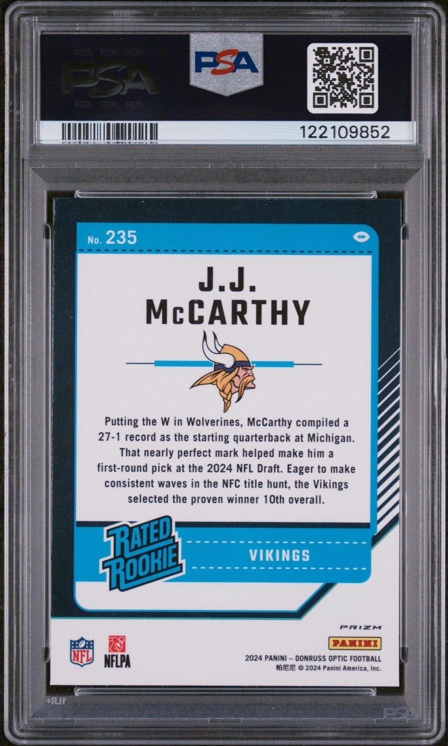 2024 Panini Donruss Optic 235 Jj Mccarthy Green Hyper PSA 10
