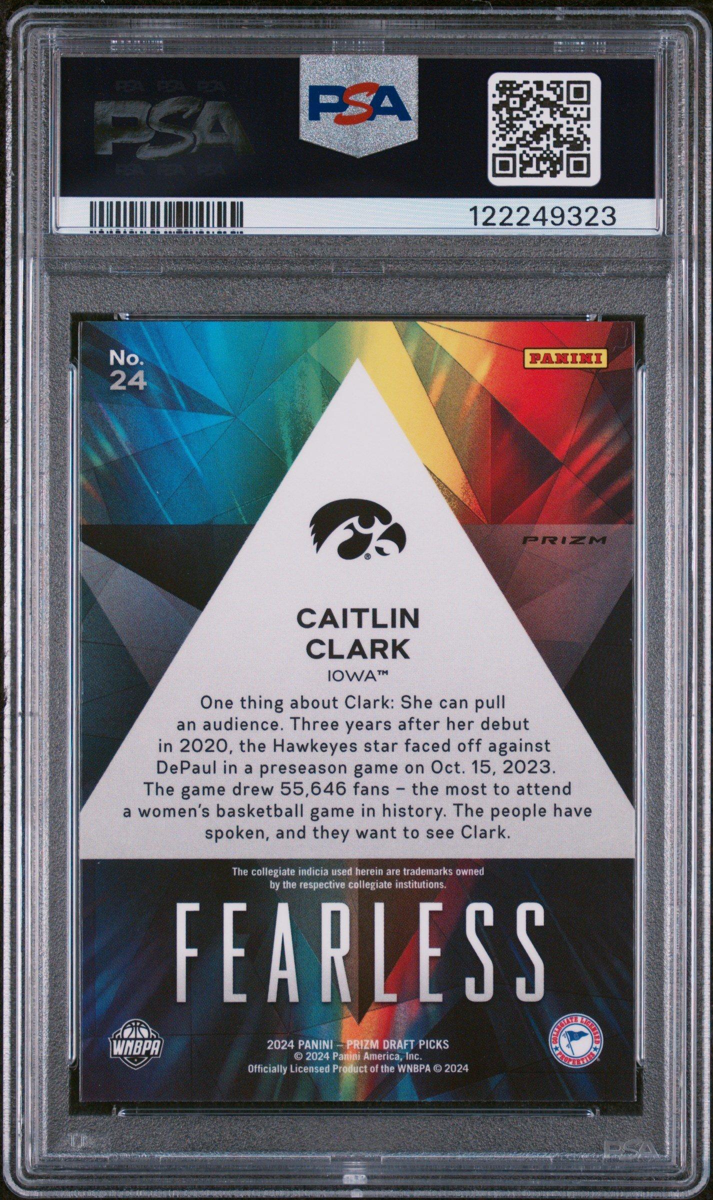 2024 Panini Prizm Draft Picks Fearless 24 Caitlin Clark Silver Prizm PSA 10