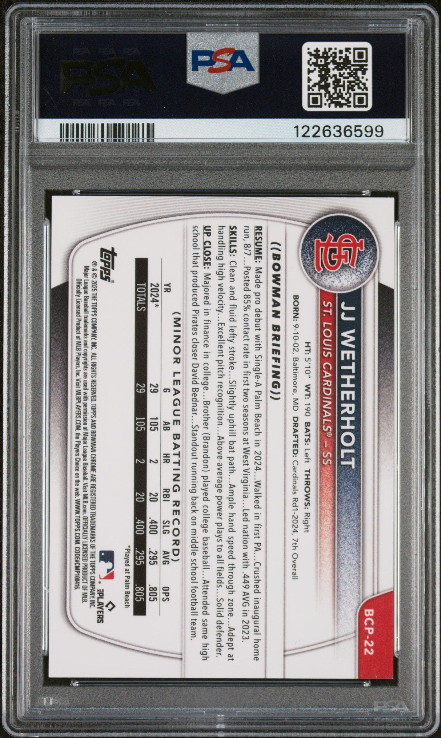 2025 Bowman Chrome Prospects Bcp22 Jj Wetherholt Blue Refractor 