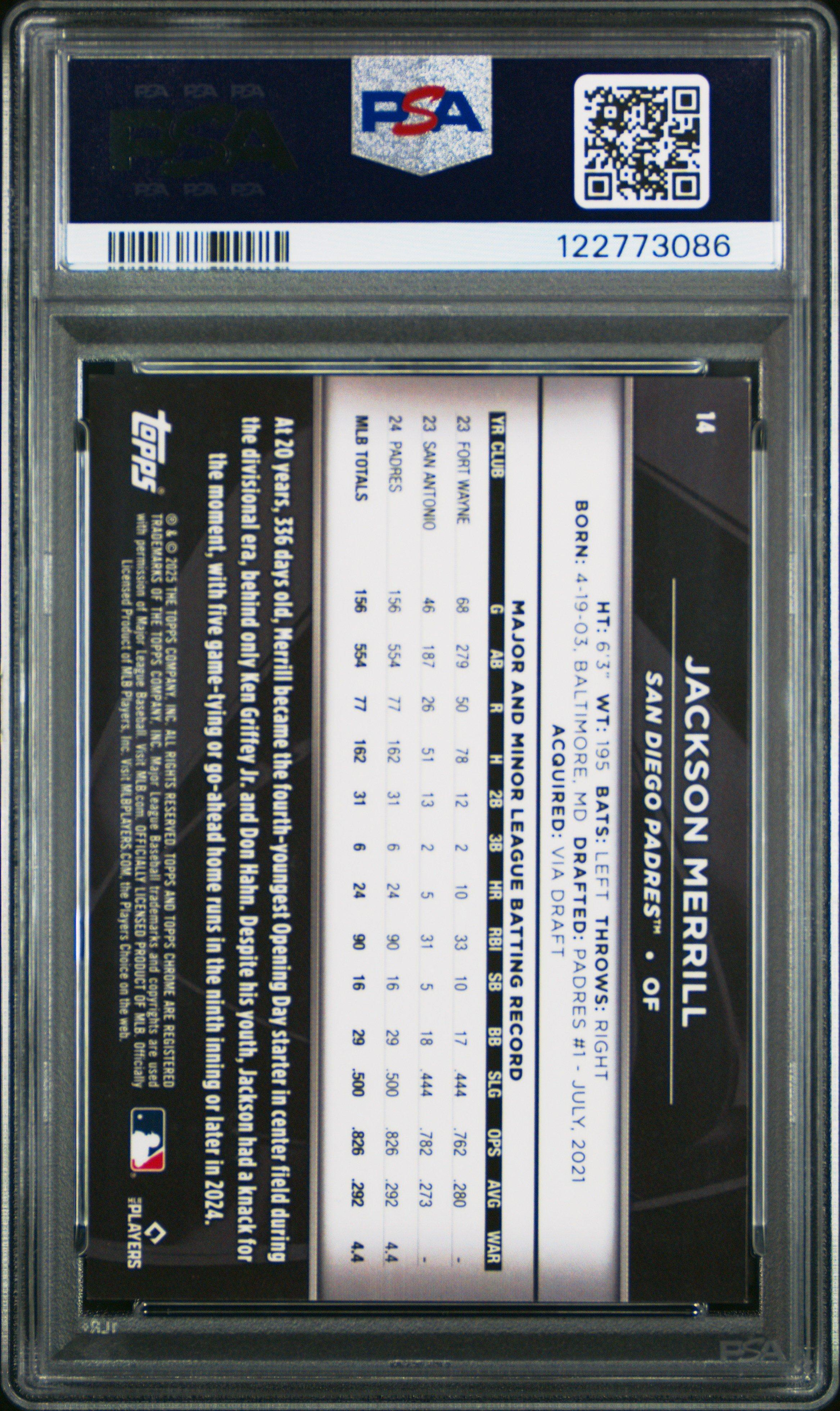 2025 Topps Chrome Black 14 Jackson Merrill Blue Refractor PSA 9