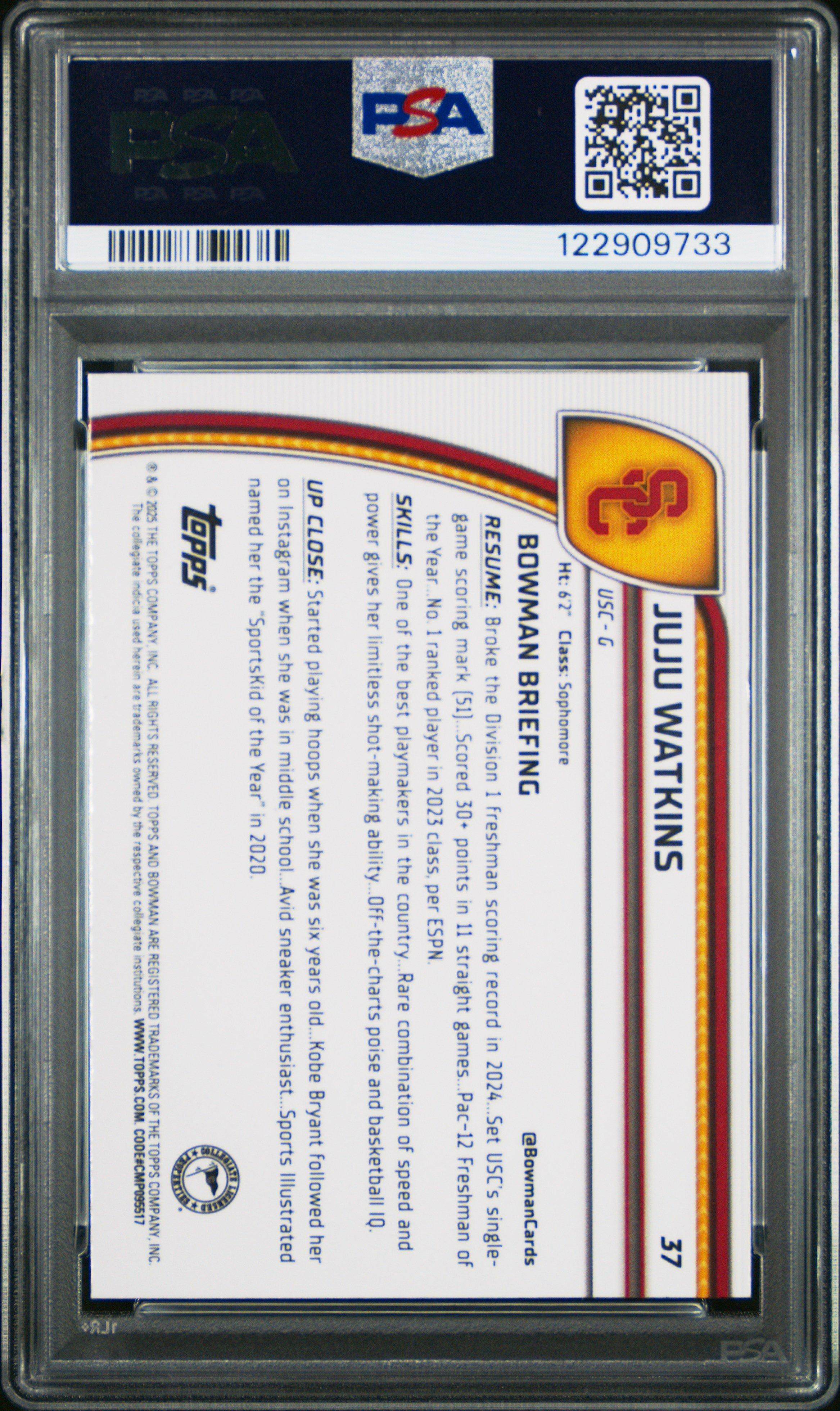 2024 Bowman Chrome University 37 Juju Watkins Purple Lava PSA 10
