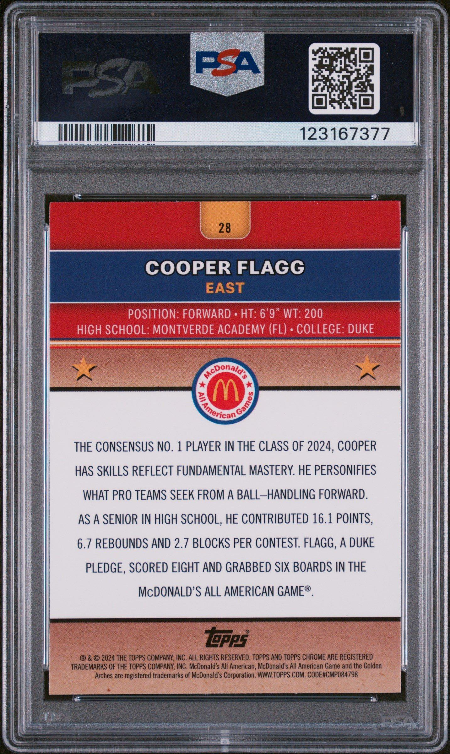 2024 Topps Chrome Mcdonald's All American 28 Cooper Flagg PSA 9