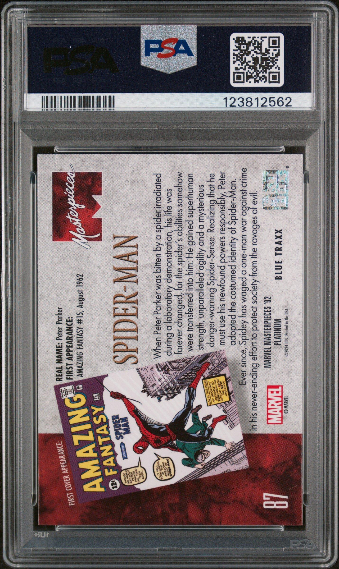 2024 Upper Deck Marvel Masterpieces '92 Platinum 87 Spider-man Blue Traxx PSA 10
