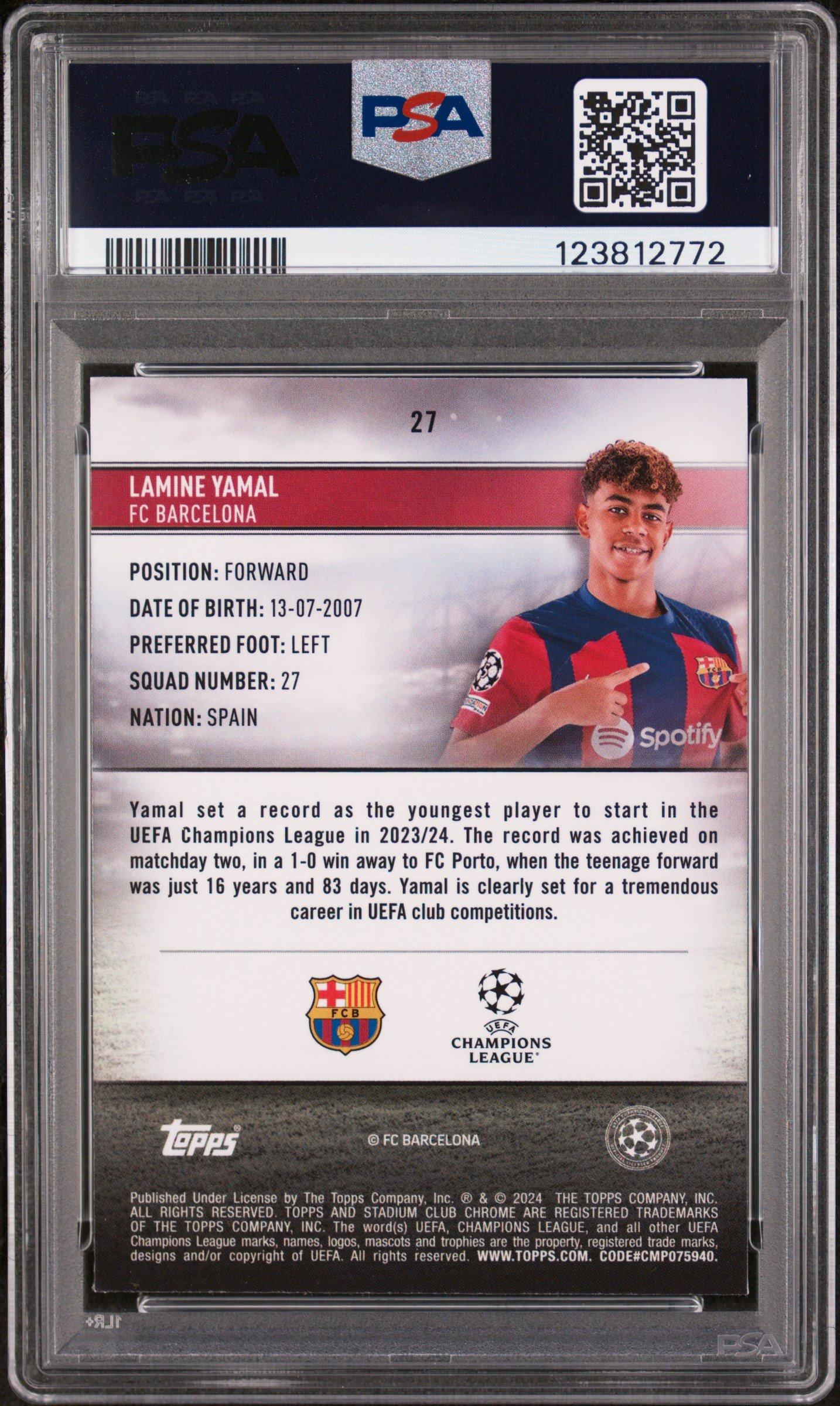 2023-24 Topps Stadium Club Chrome Uefa Club Competitions 27 Lamine Yamal PSA 8