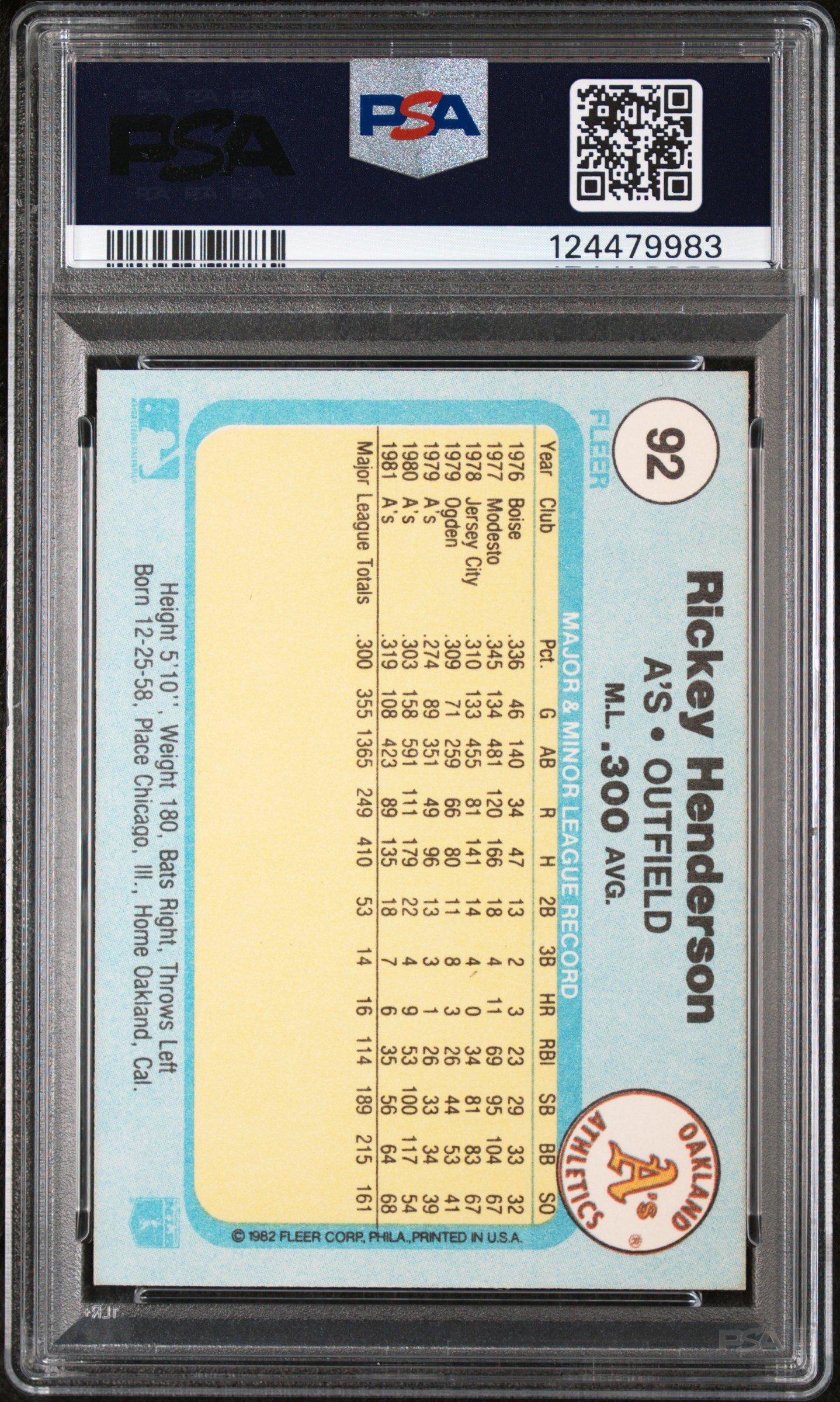 1982 Fleer 92 Rickey Henderson PSA 10