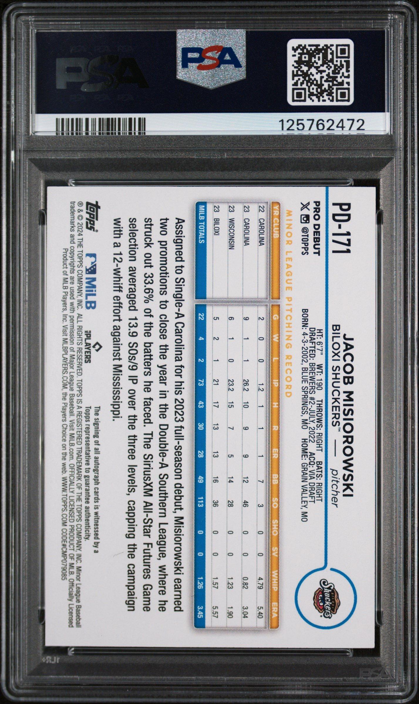 2024 Topps Pro Debut Pd171 Jacob Misiorowski Autograph PSA 8