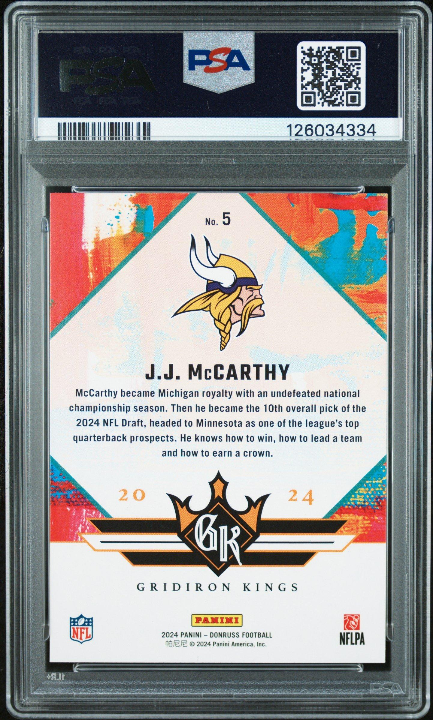 2024 Panini Donruss Rookie Gridiron Kings 5 Jj Mccarthy PSA 10