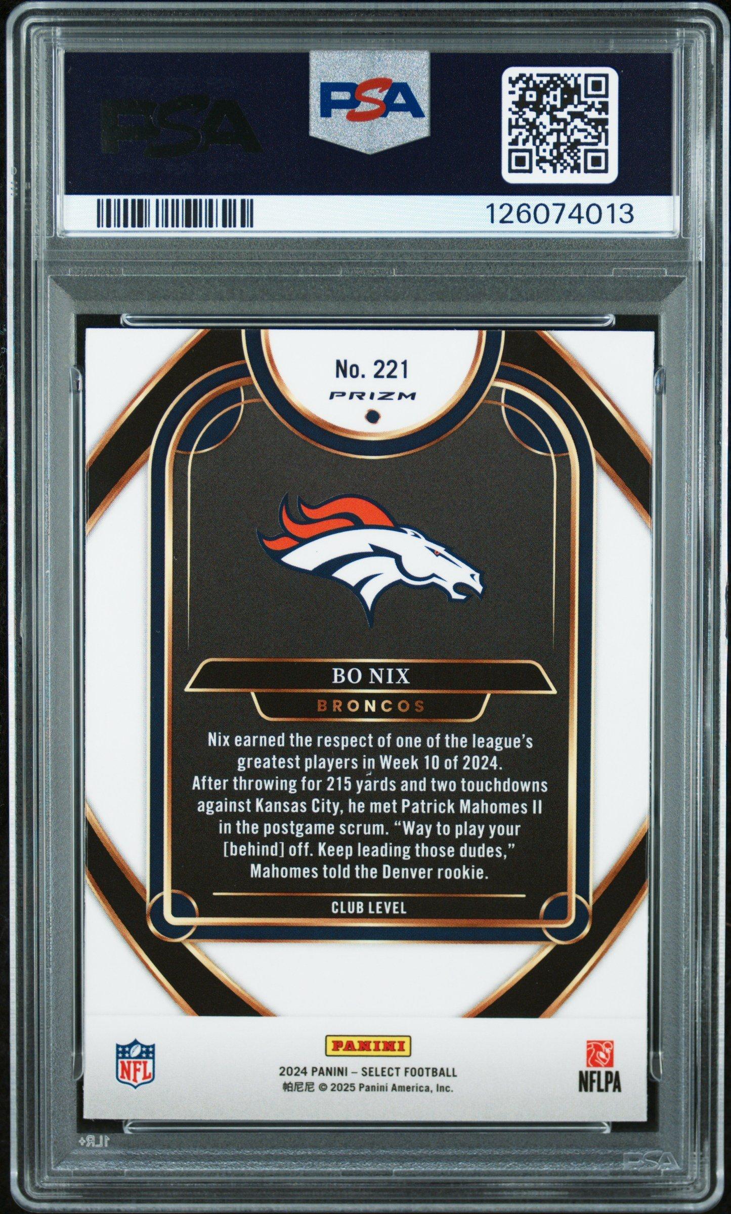 2024 Panini Select 221 Bo Nix Silver Prizm PSA 9 Graded Card
