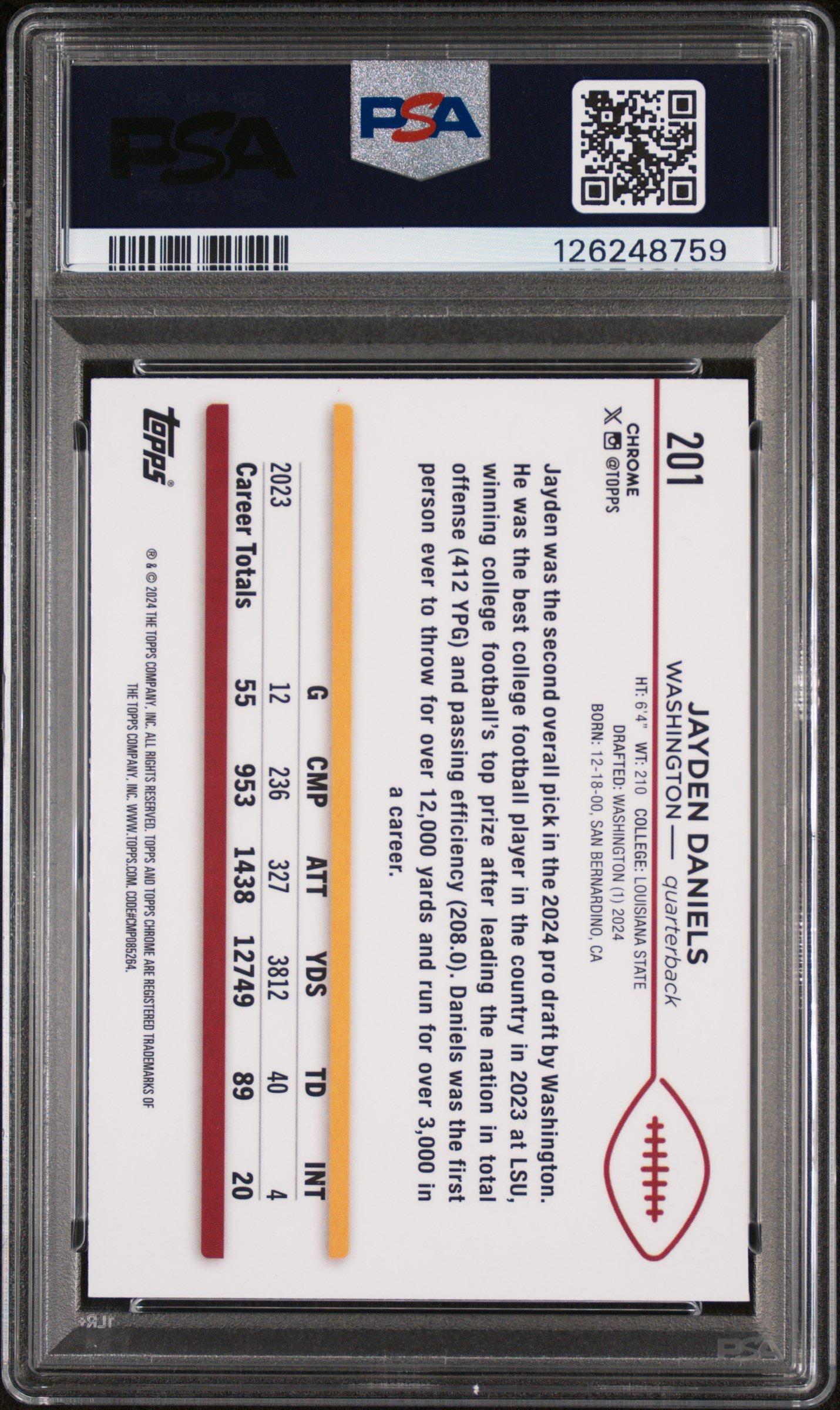 2024 Topps Chrome 201 Jayden Daniels Purple Speckle PSA 9 Graded