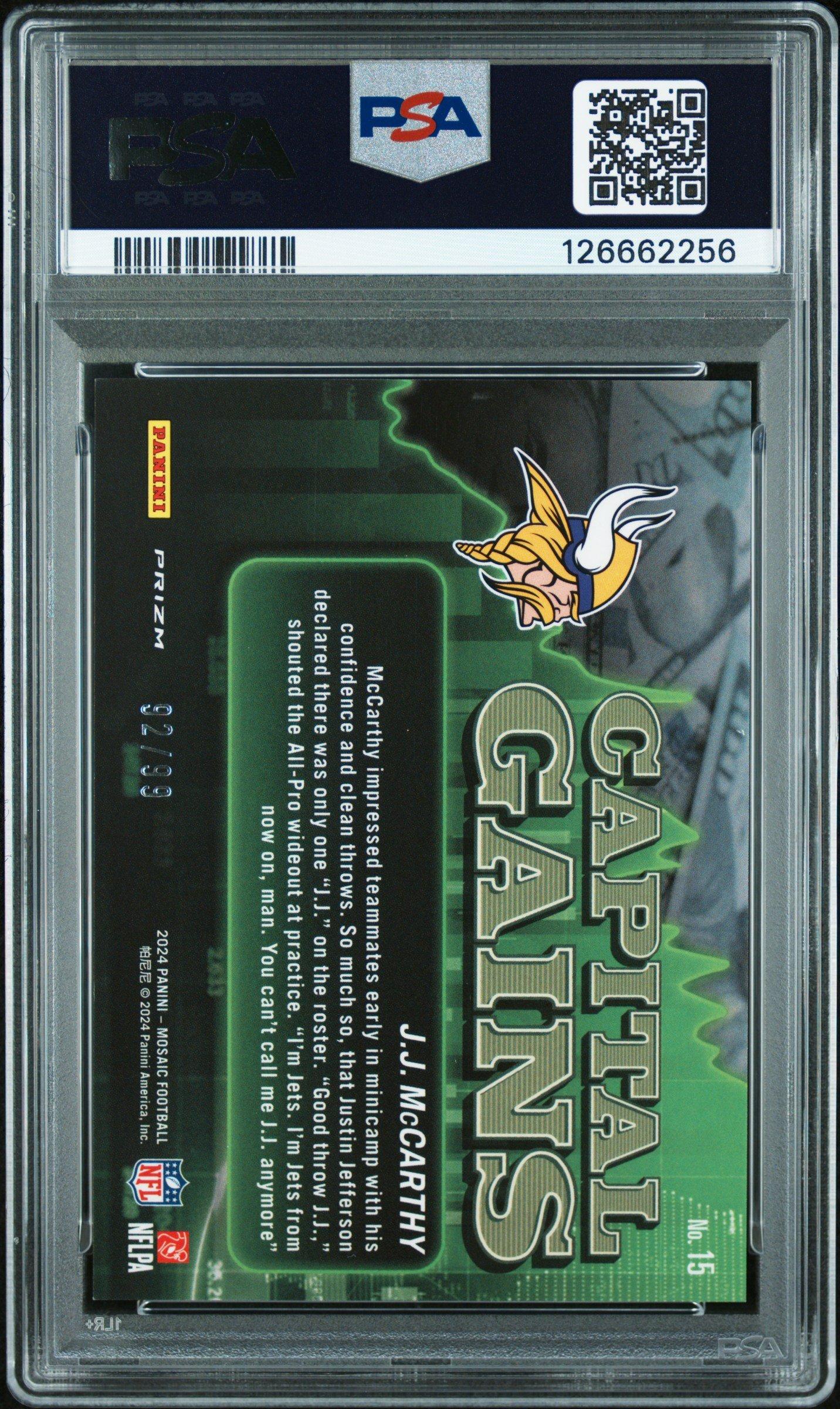 2024 Panini Mosaic Capital Gains 15 Jj Mccarthy Blue PSA 9