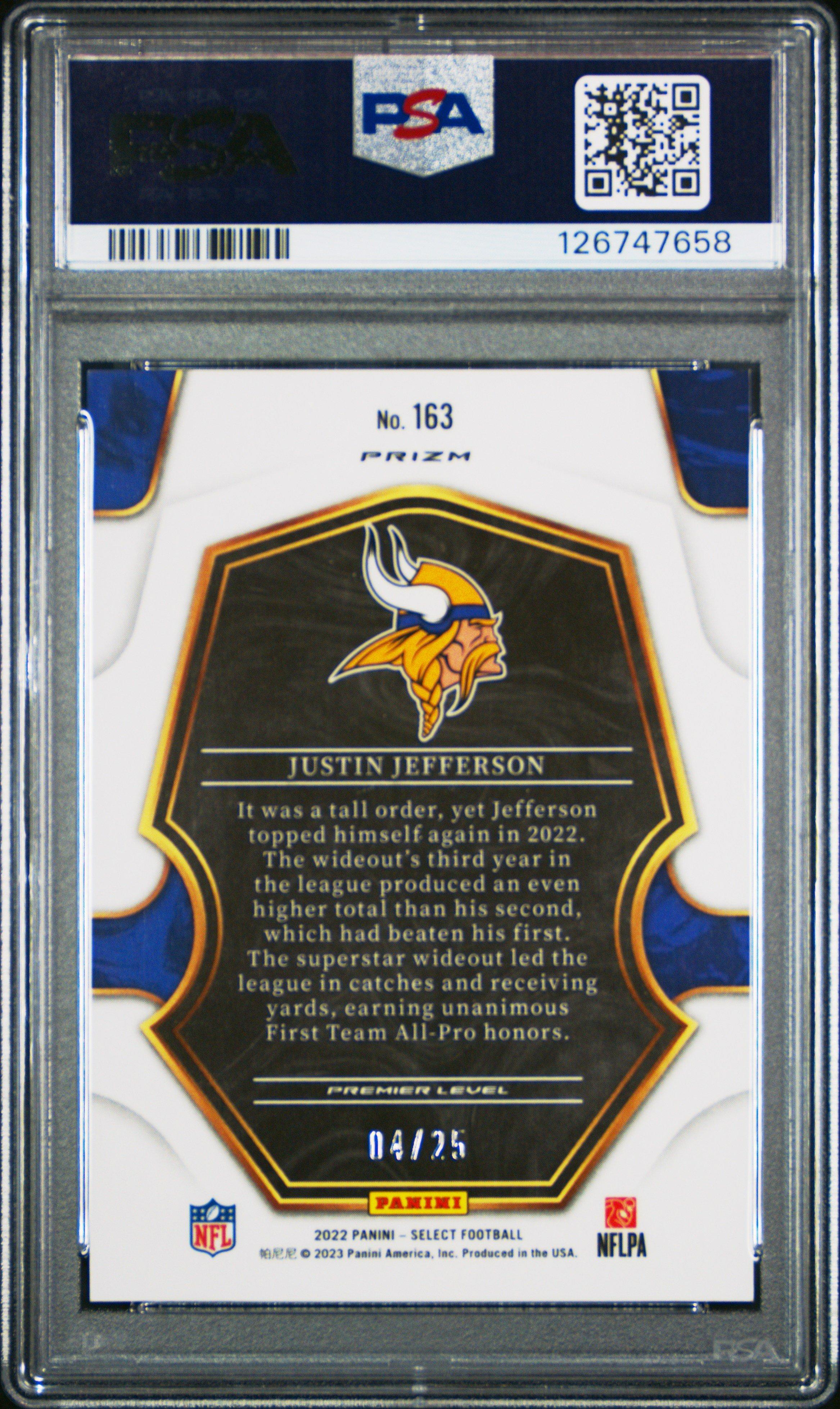 2022 Panini Select 163 Justin Jefferson Blue Disco Prizm PSA 10
