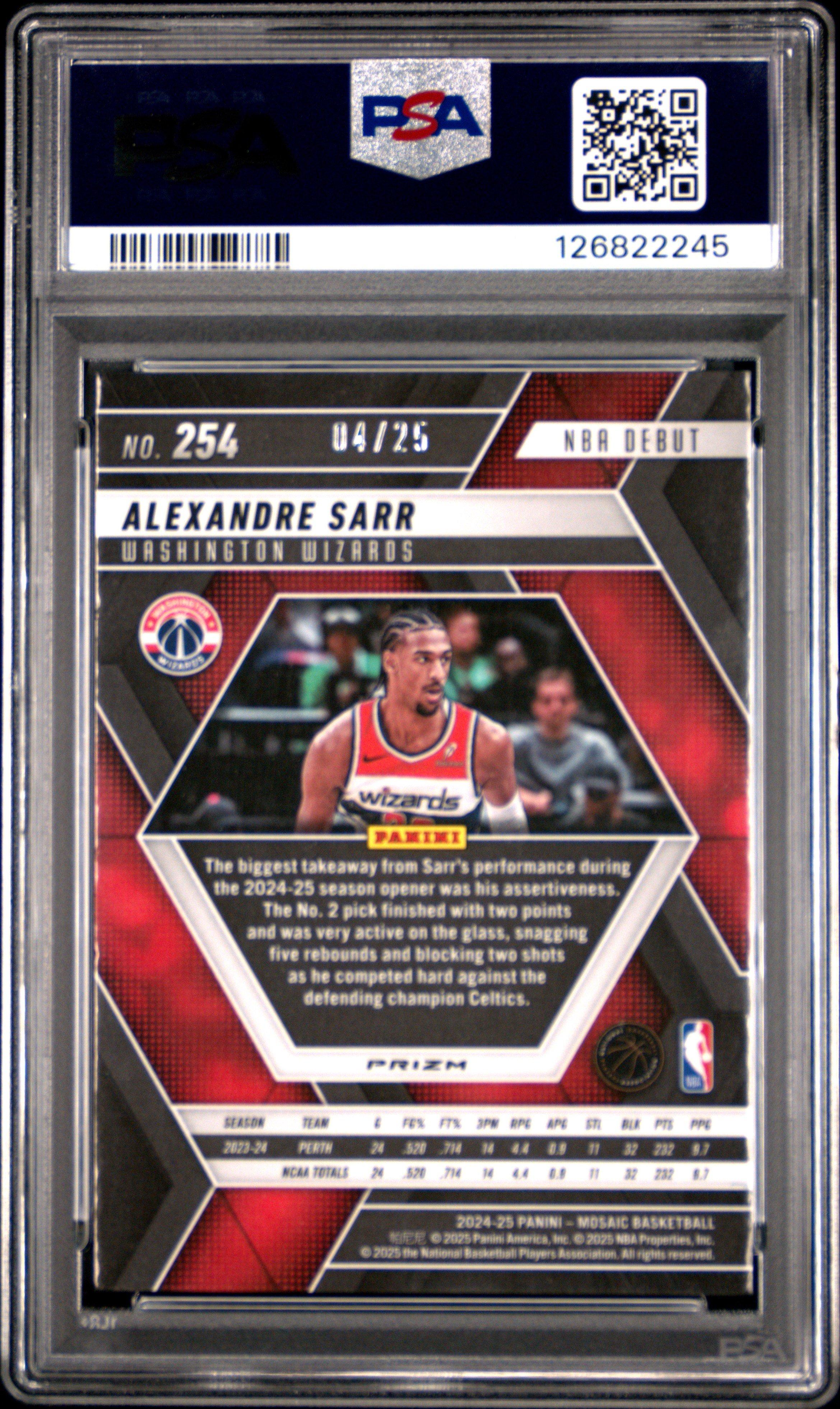 2024 Panini Mosaic 254 Alexandre Sarr Spectris Blue Fotl PSA 10