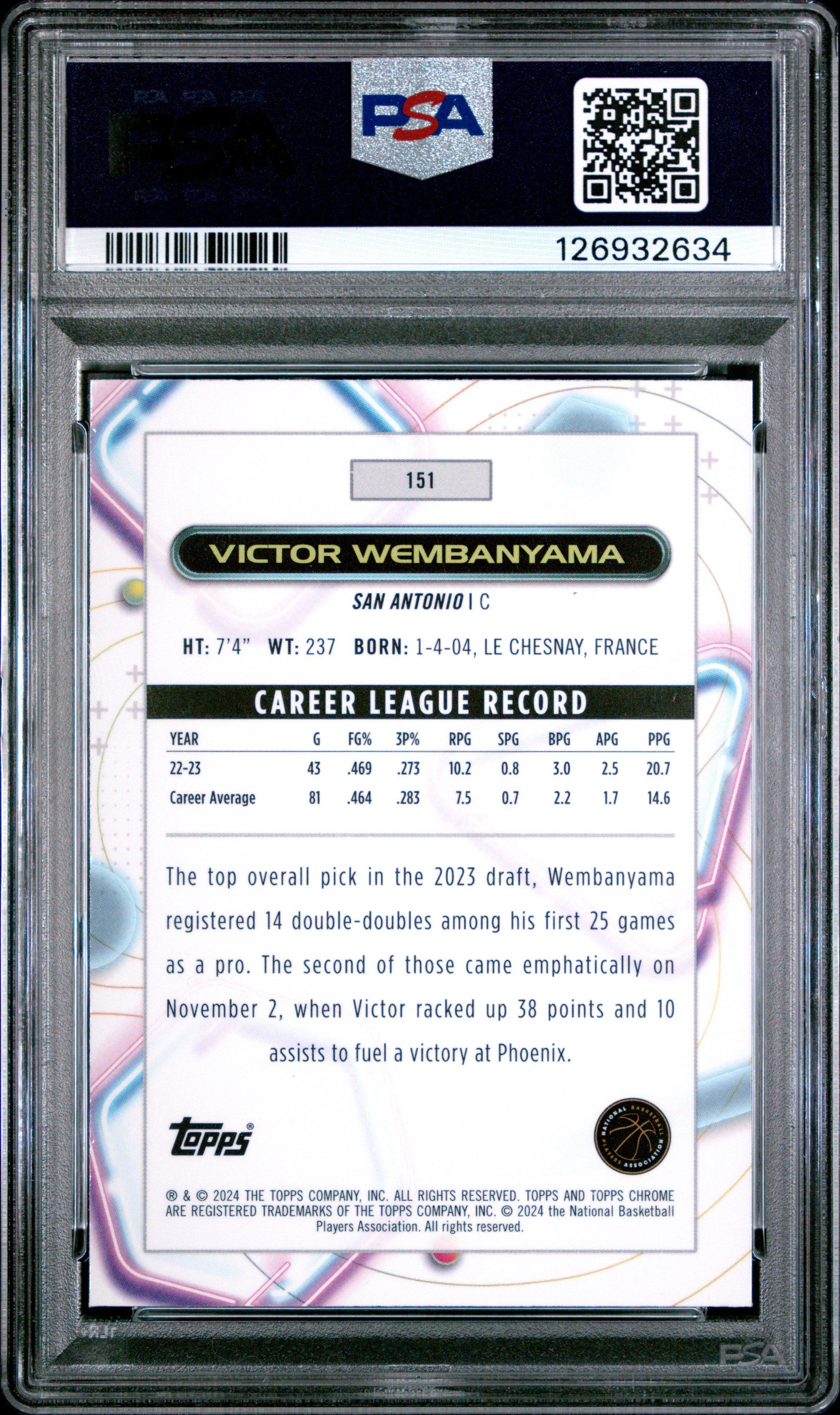 2023 Topps Cosmic Chrome 151 Victor Wembanyama PSA 8 Graded Card