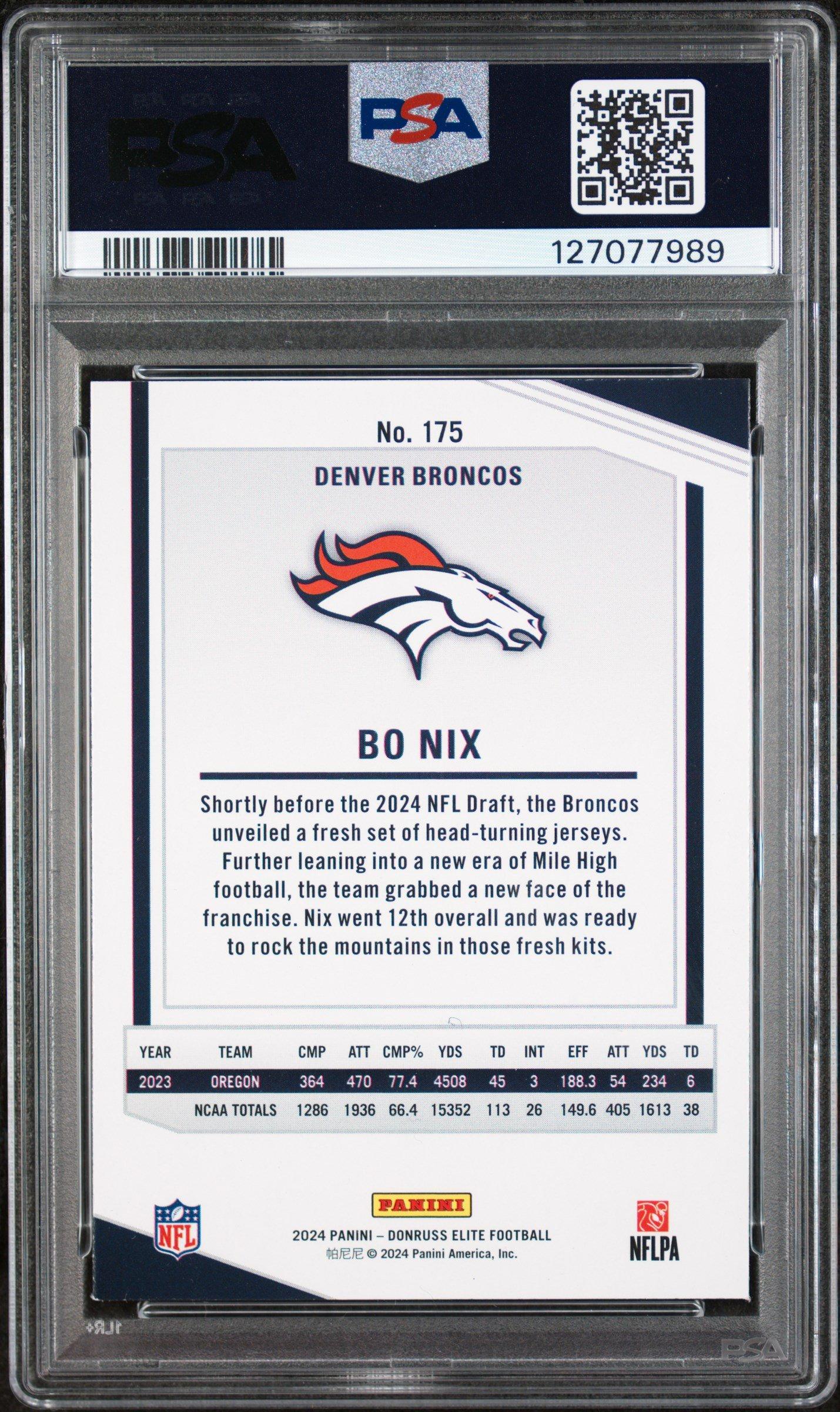 2024 Panini Donruss Elite 175 Bo Nix Green Disco PSA 9