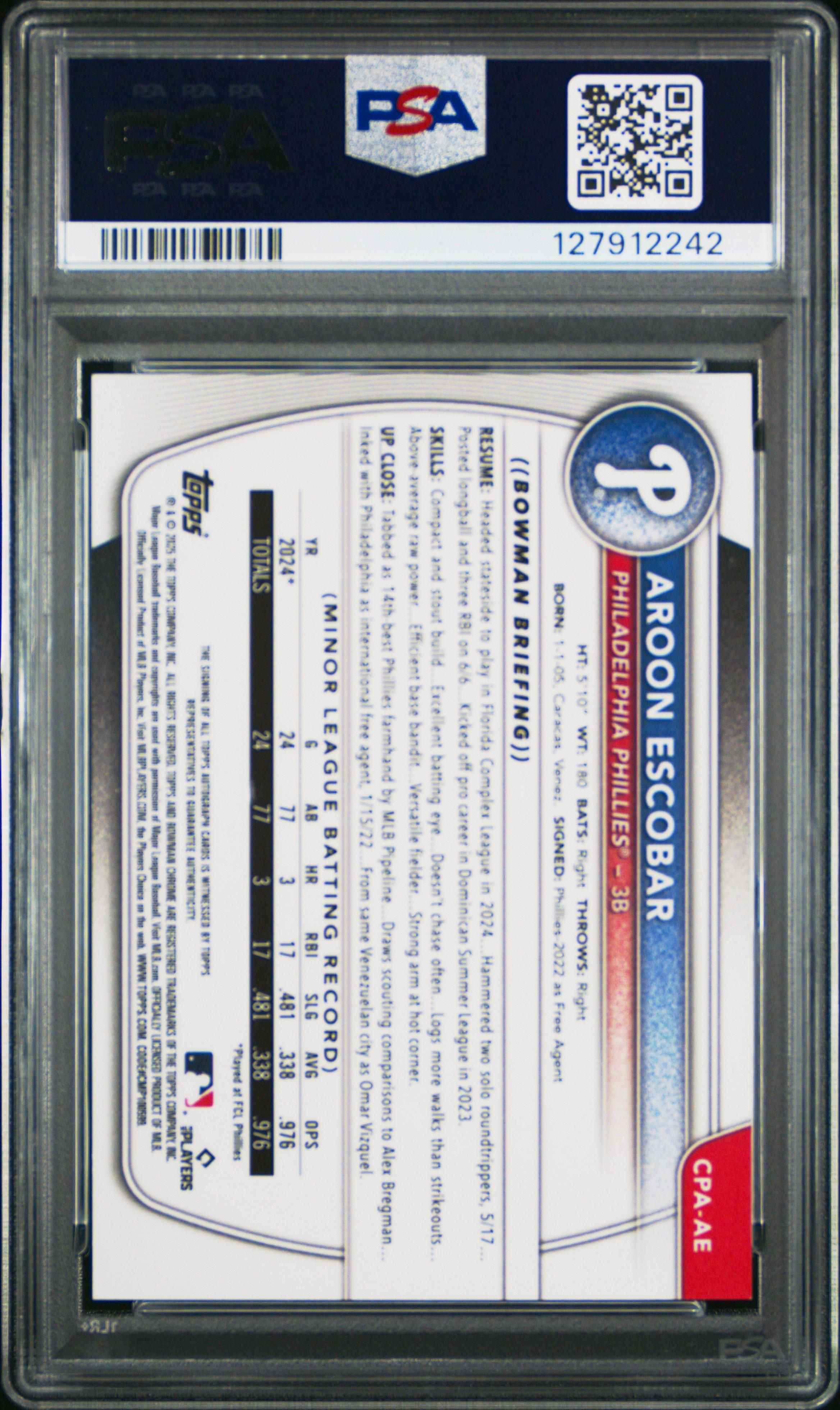 2025 Bowman Chrome Prospect Autographs Cpaae Aroon Escobar Yellow Refractor PSA 10