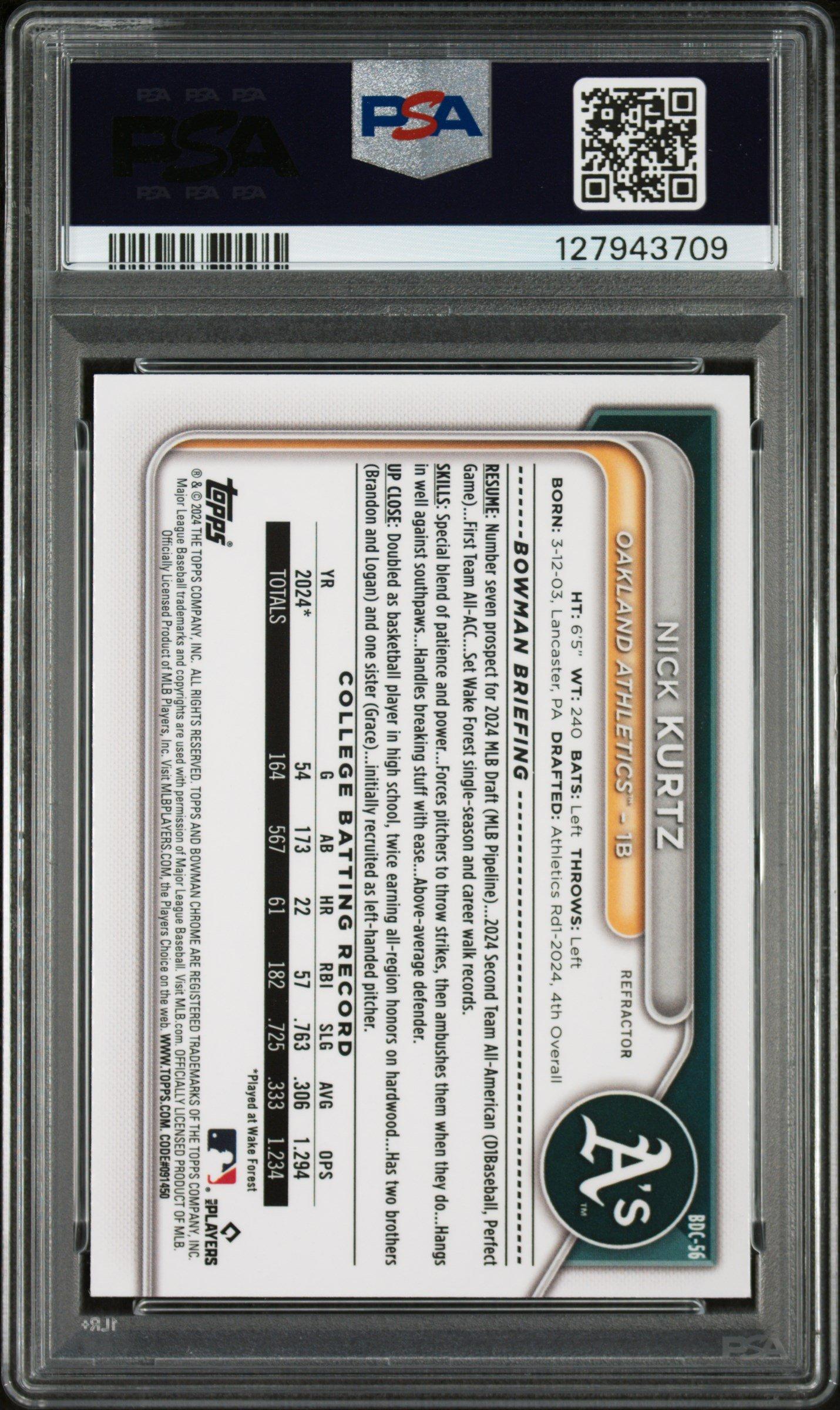2024 Bowman Draft Bdc56 Nick Kurtz Chrome-refractor PSA 10 Graded 