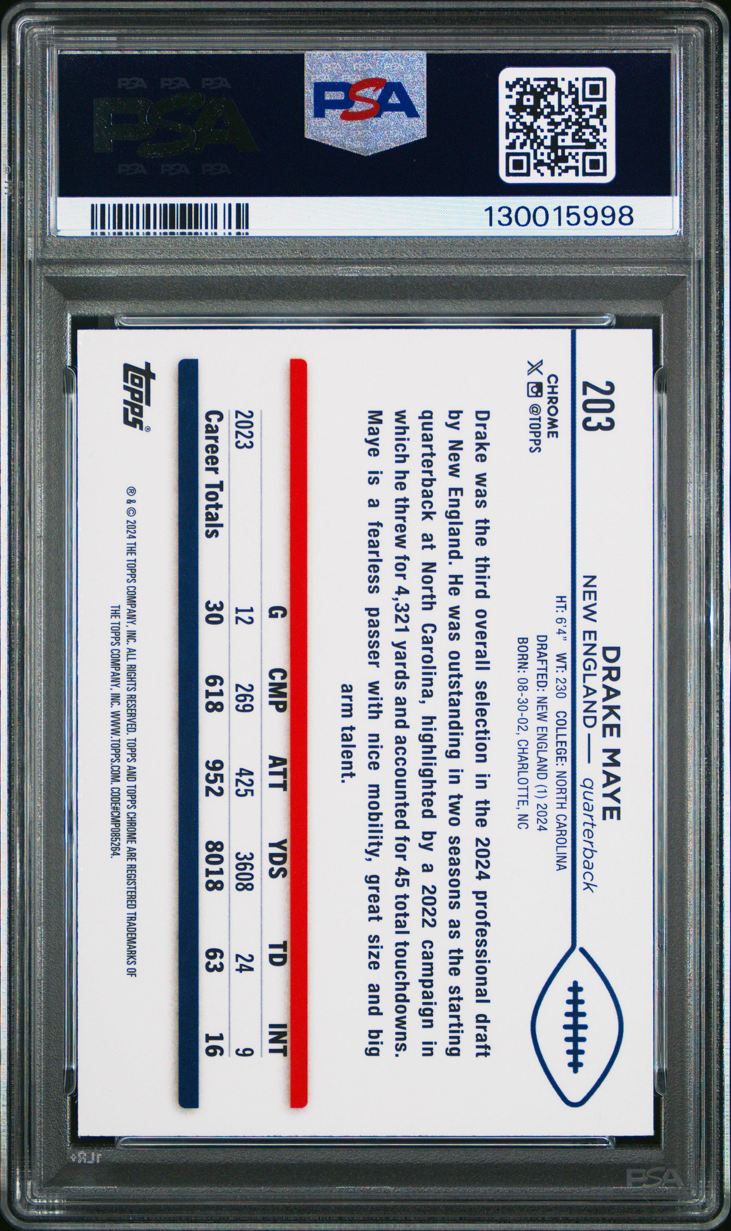 2024 Topps Chrome 203 Drake Maye Pink Refractor PSA 10 Graded Card