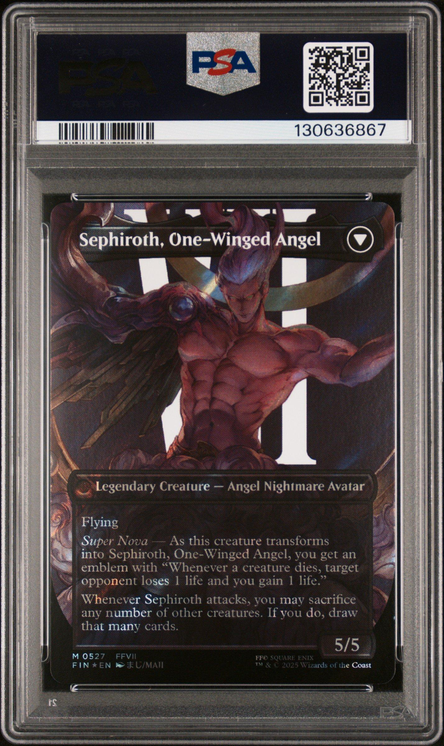 sephiroth one winged angel mtg card 2025 Magic The Gathering Final Fantasy 0527 Sephiroth, Fabled Soldier/ sephiroth, One-winged Character Borderless-surge Foil PSA 9 Graded target opponent loses 1 life and you gain 1 life. Sephiroth, One-Winged Angel emblem