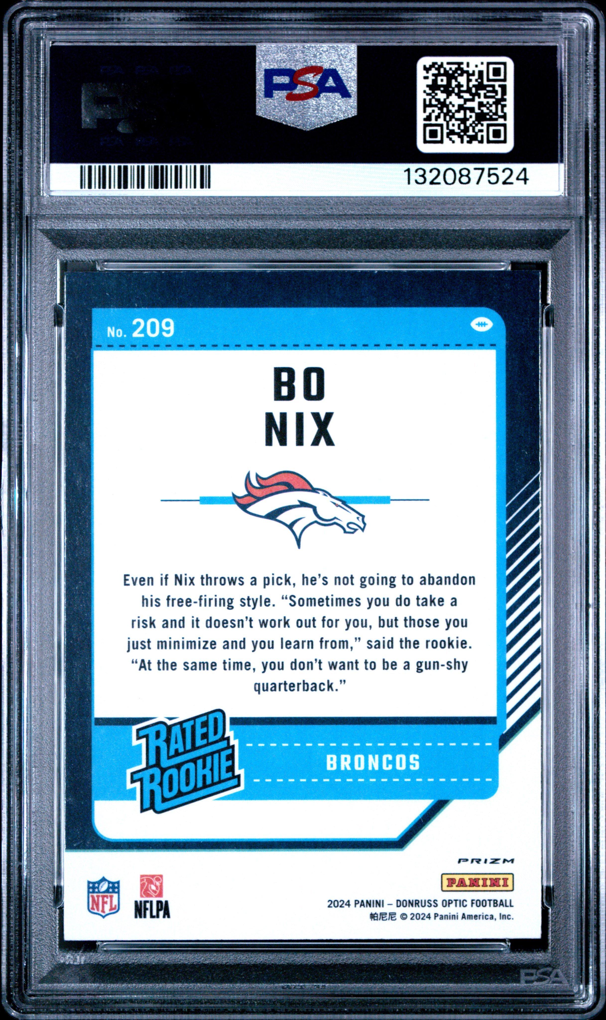 2024 Panini Donruss Optic 209 Bo Nix Green Velocity PSA 10