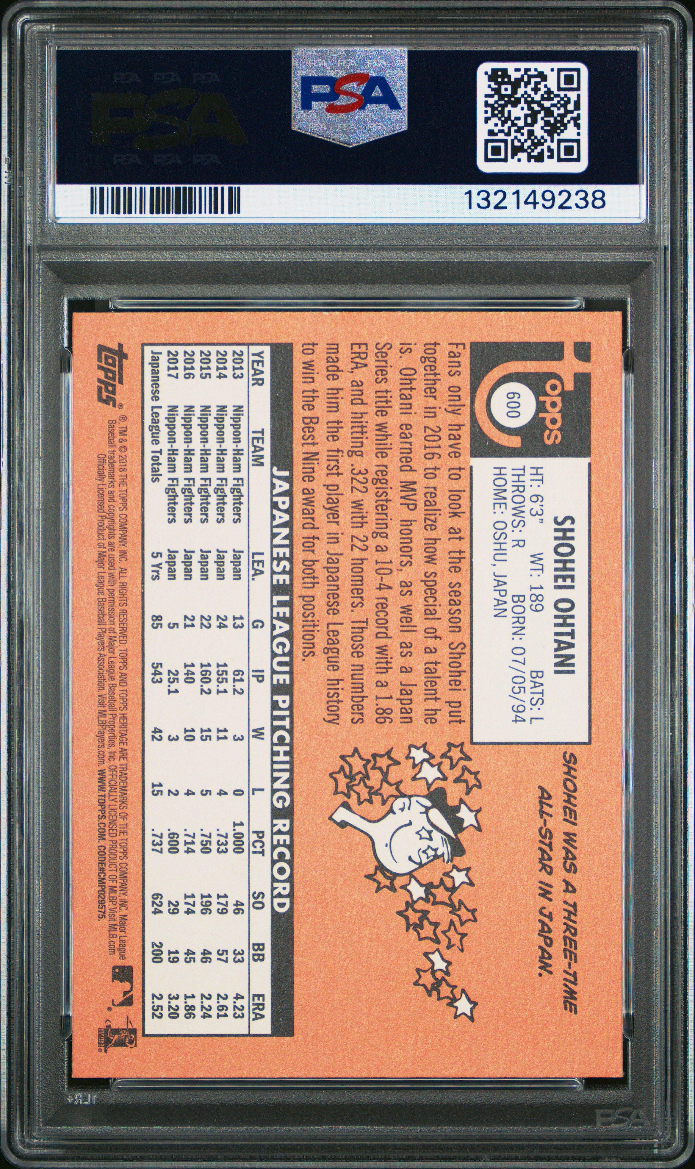 2018 Topps Heritage 600 Shohei Ohtani PSA 10
