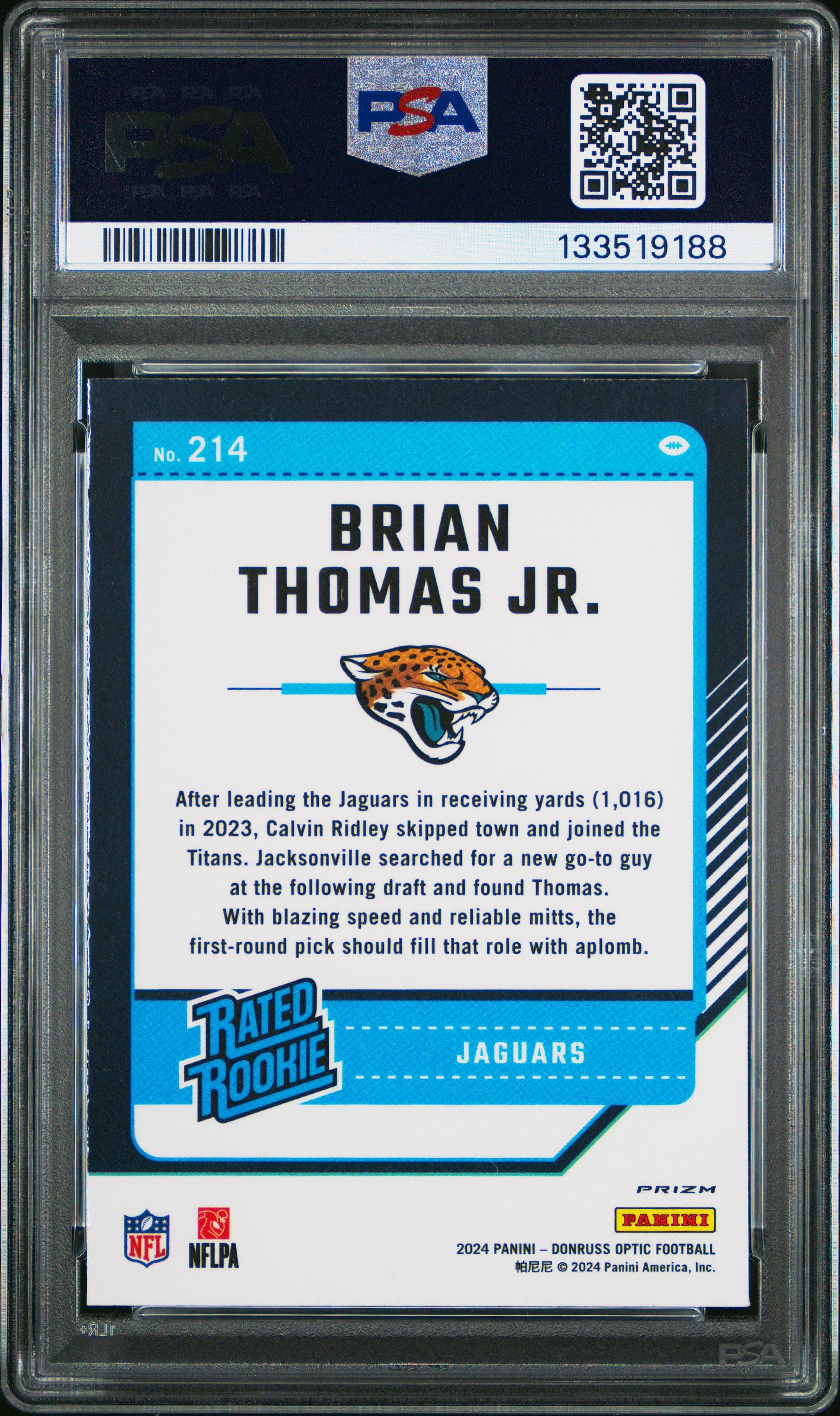 2024 Panini Donruss Optic 214 Brian Thomas Jr. Blue Glitter PSA 10