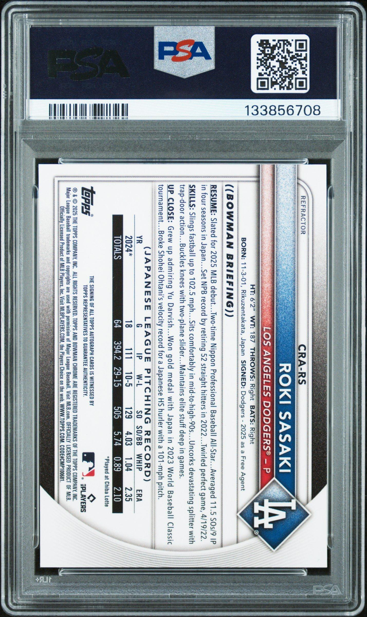 2025 Bowman Chrome Rookie Autographs Crars Roki Sasaki Refractor PSA 9